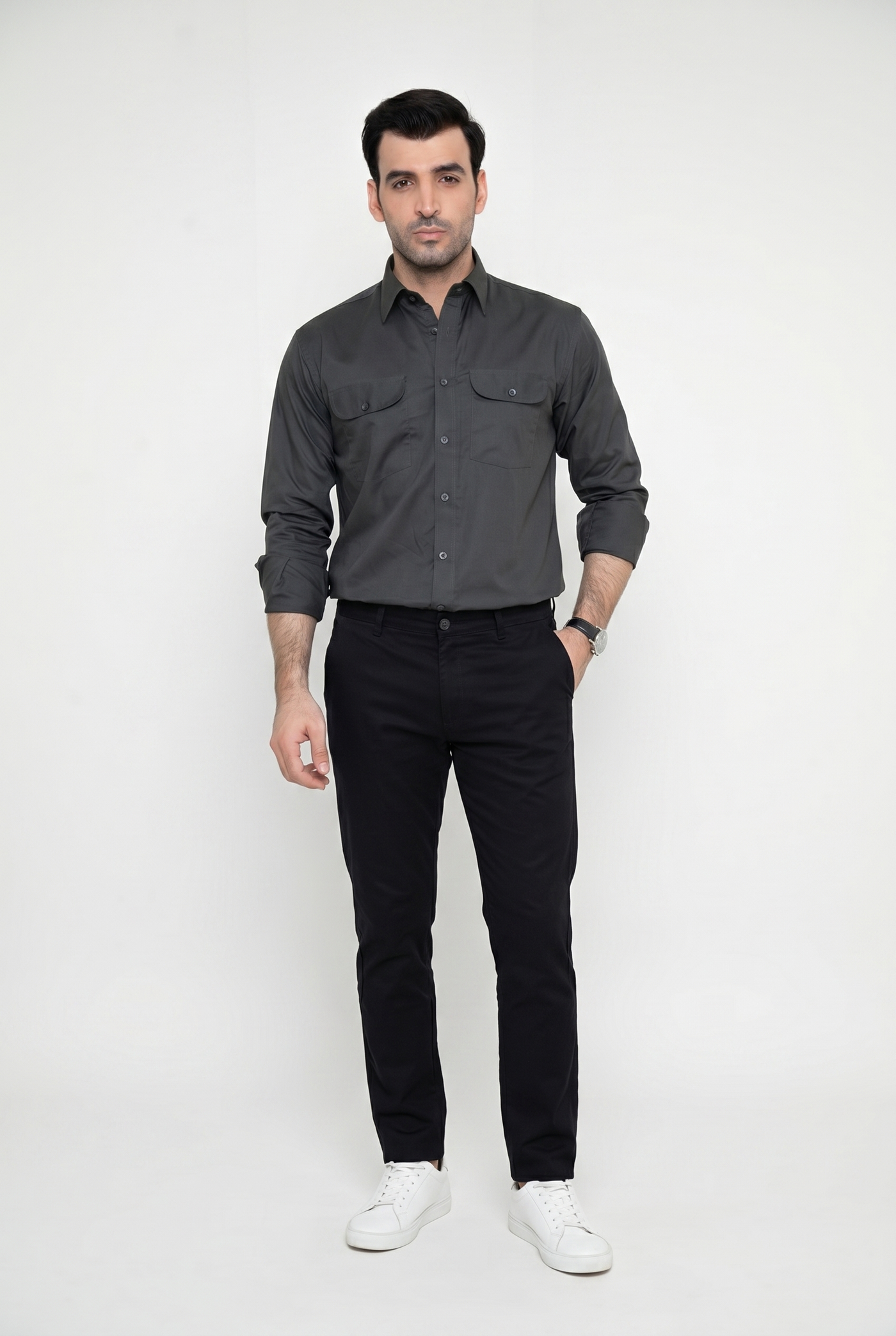 Built to hold its line — Men's Regal Textured Charcoal Italian-Collar Double-Pocket Shirt