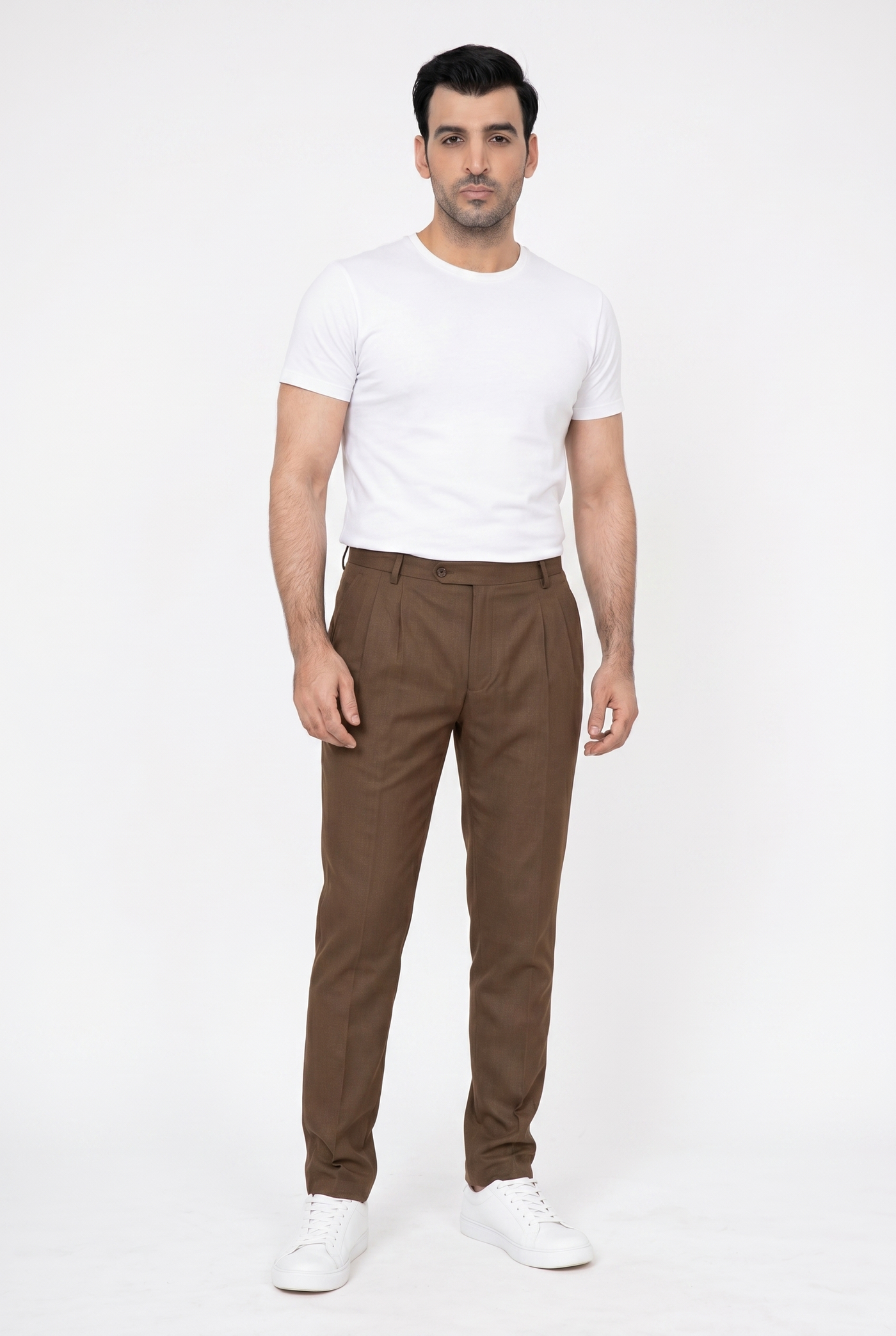 Considered fabric, premium hand-feel — Men's Brown Pleated Trousers