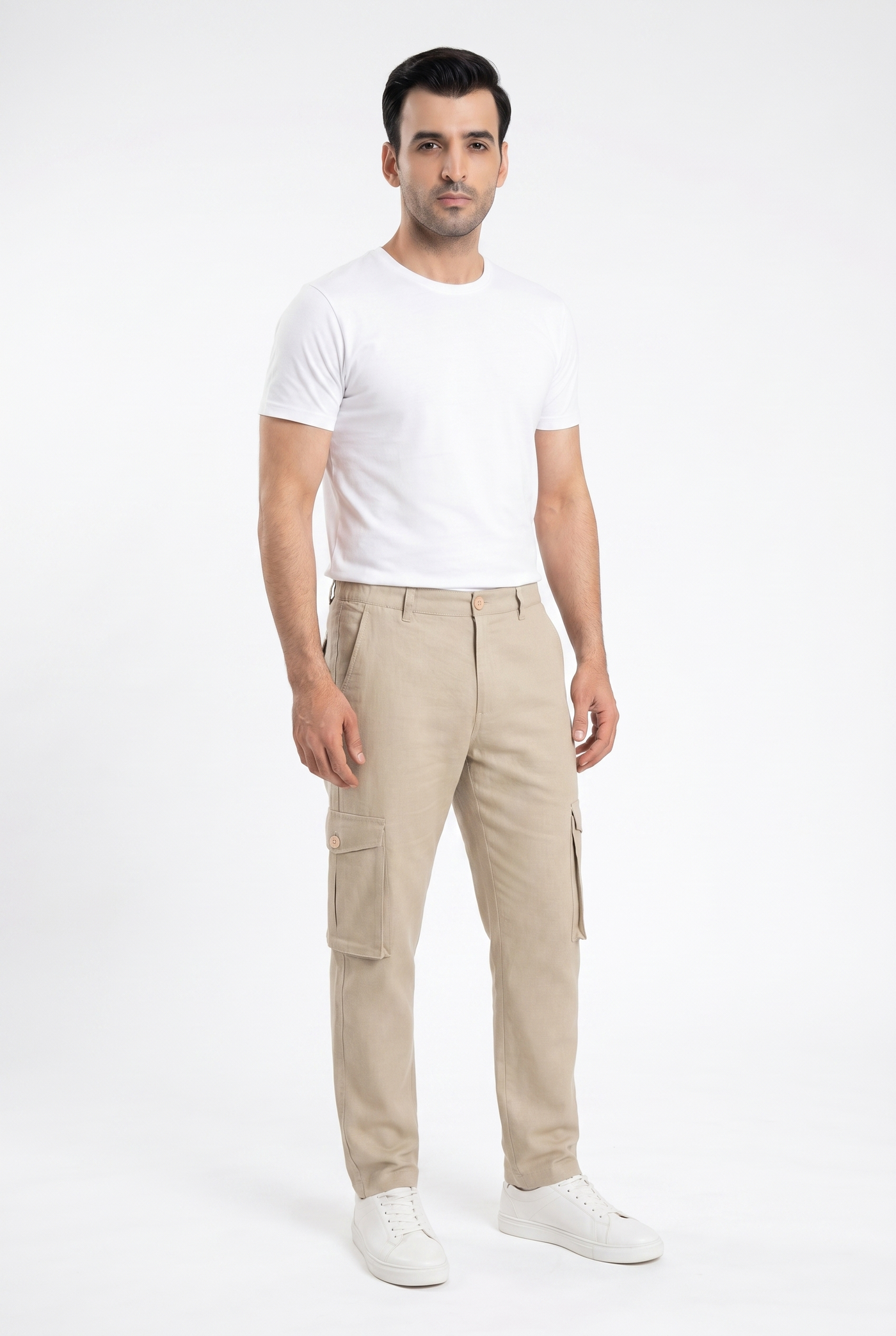 Considered fabric, premium hand-feel — Men's Creamy Cargo Trousers