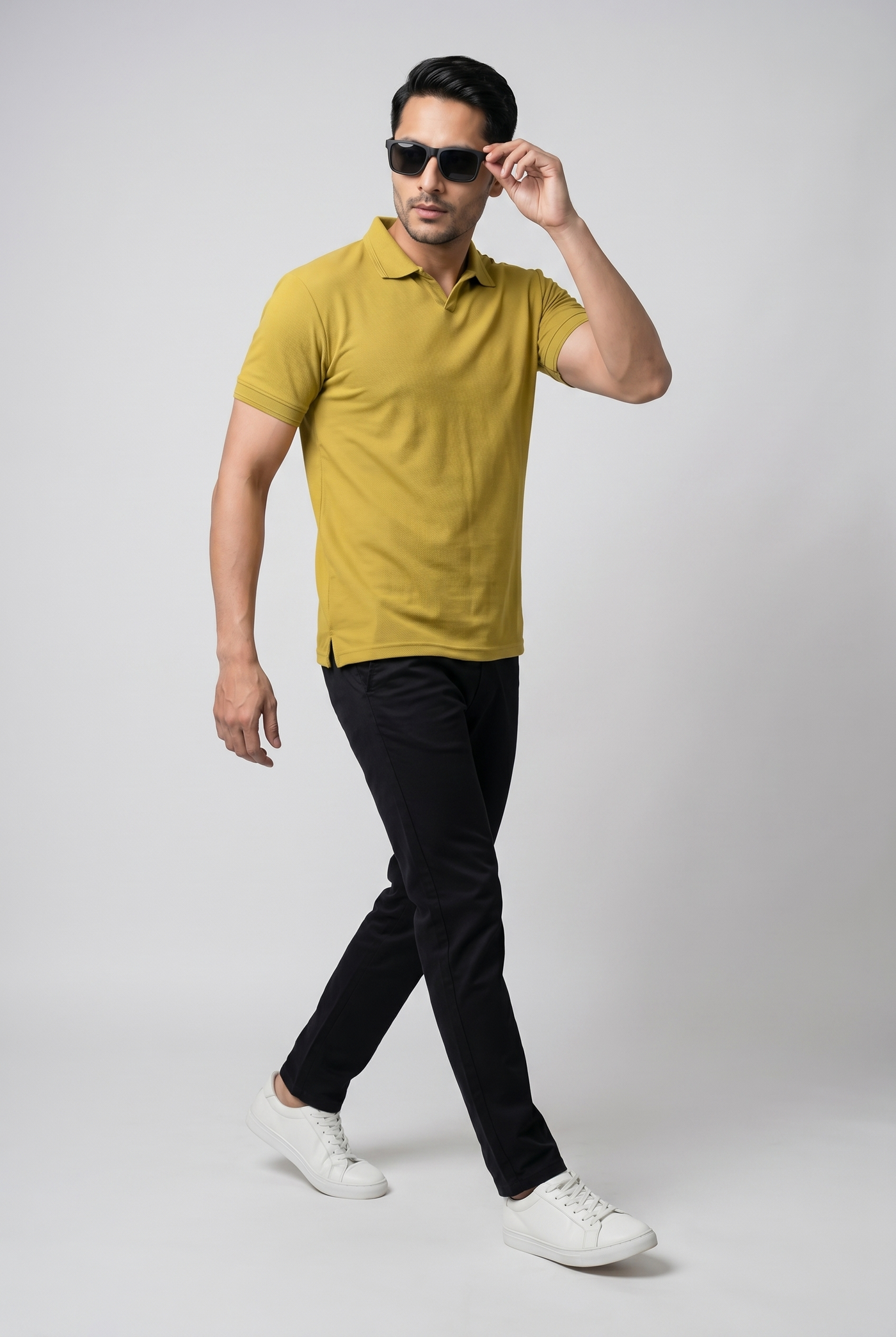 Considered fabric, premium hand-feel — Men's Mustard Popcorn Polo