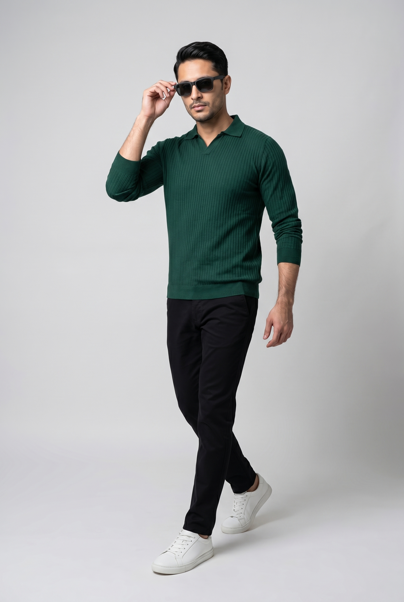 Considered fabric, premium hand-feel — Men's Green Full-Sleeve Knitted Polo
