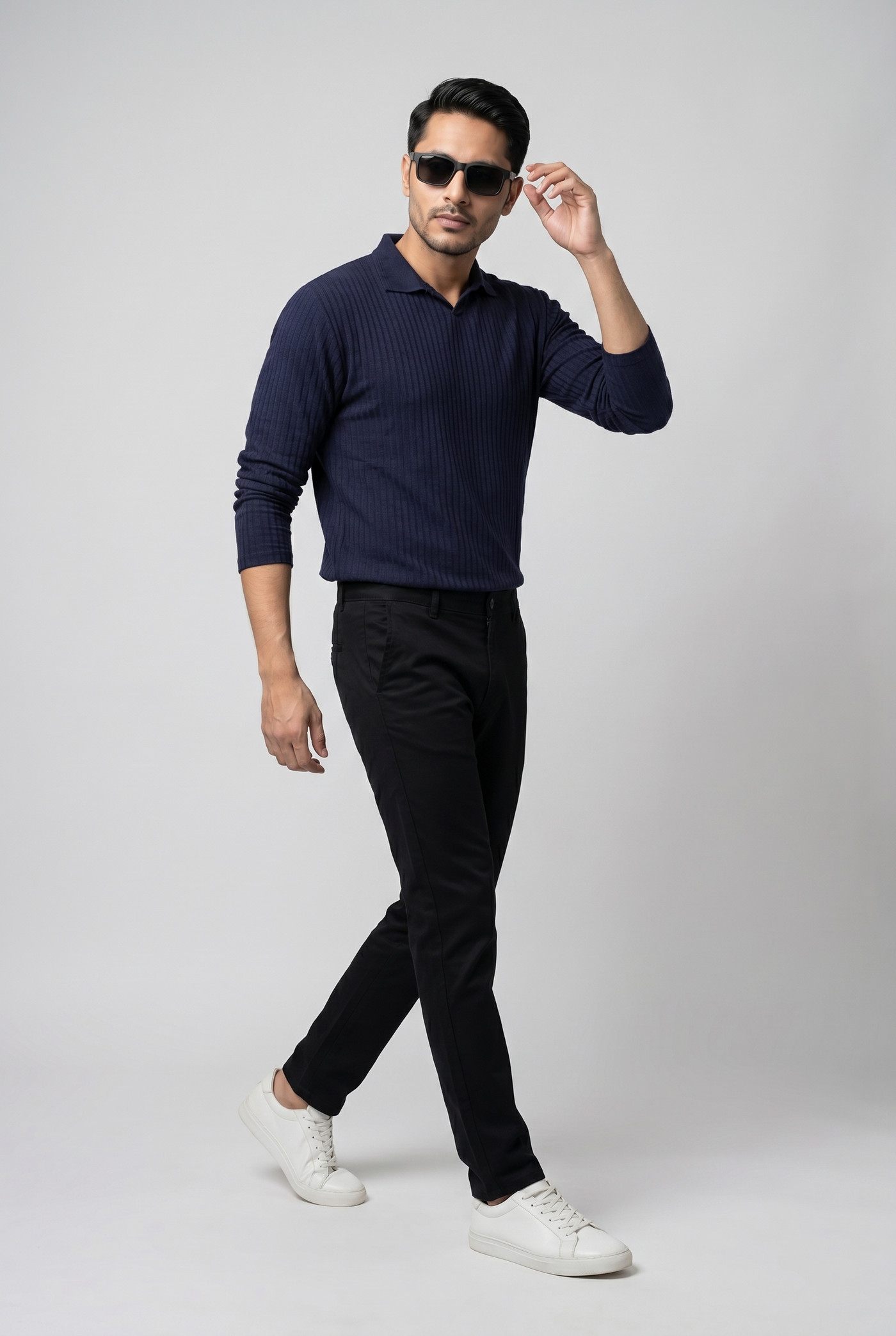 Considered fabric, premium hand-feel — Men's Navy Full-Sleeve Knitted Polo