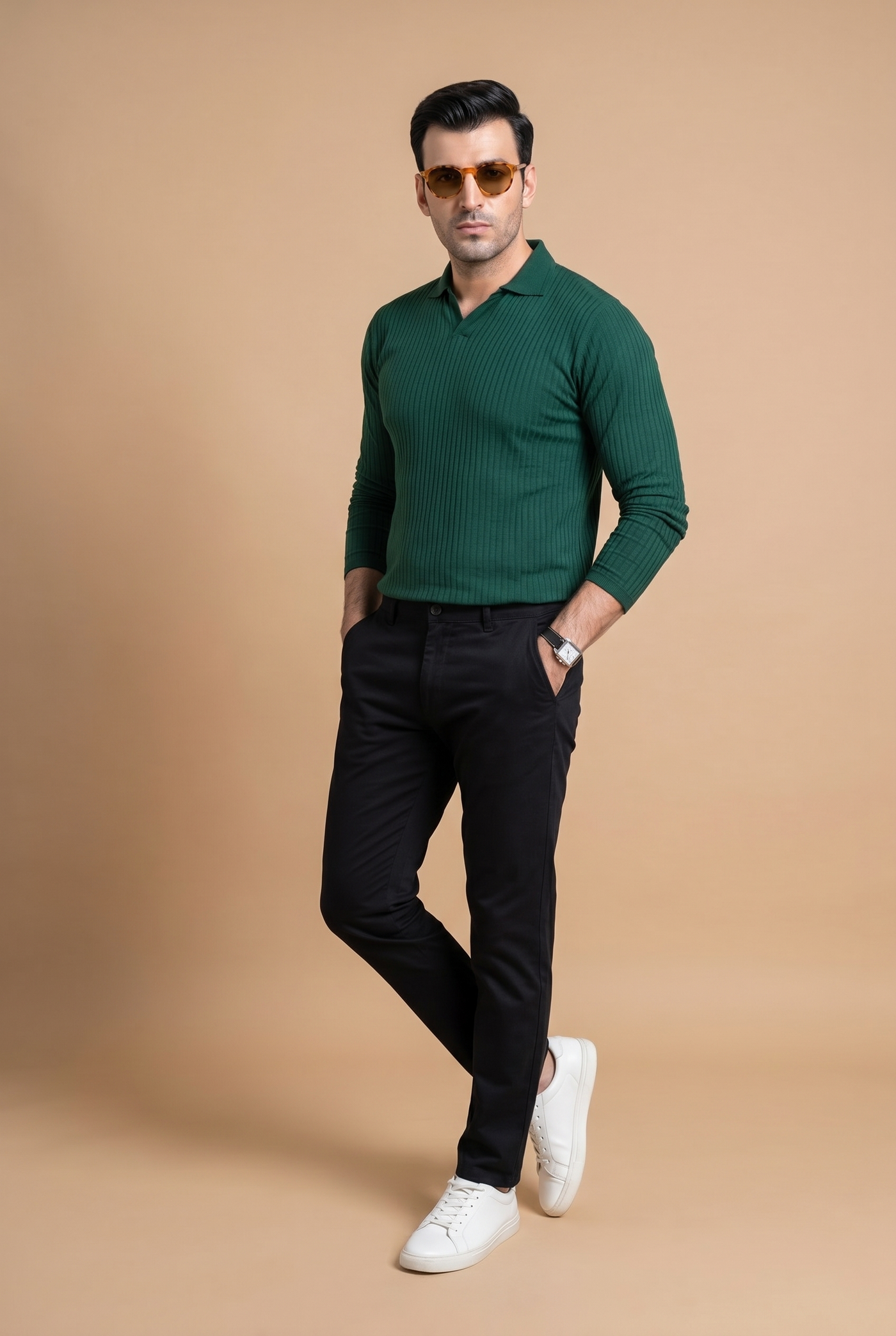 Cut tailored, not tight — Men's Green Full-Sleeve Knitted Polo