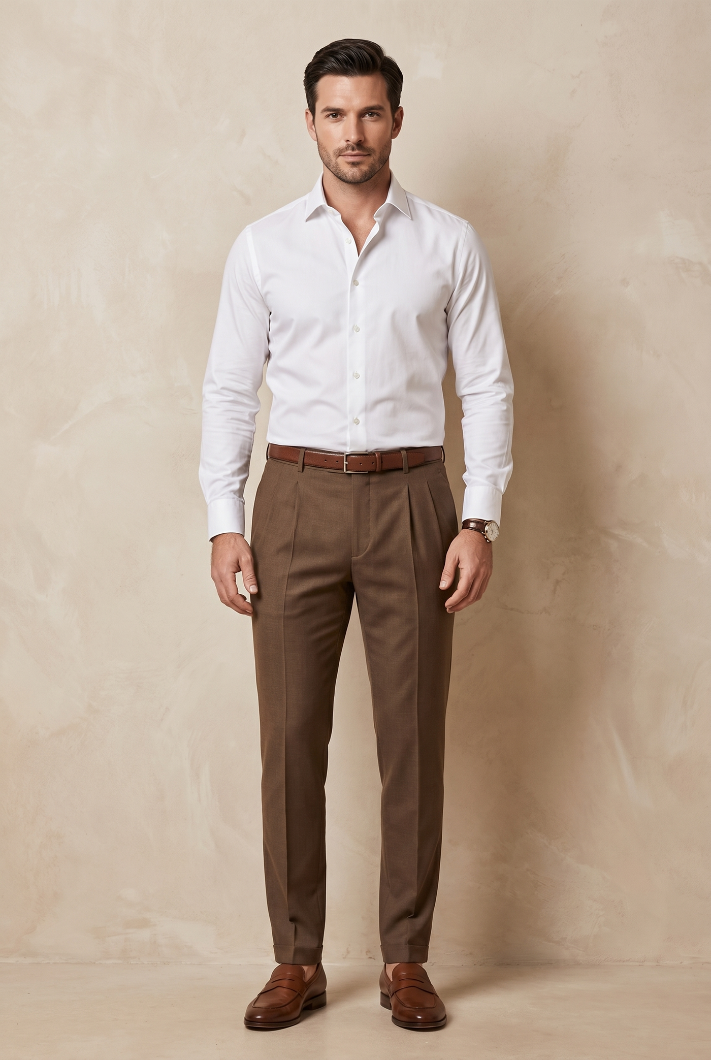 Cut tailored, not tight — Men's Brown Pleated Trousers