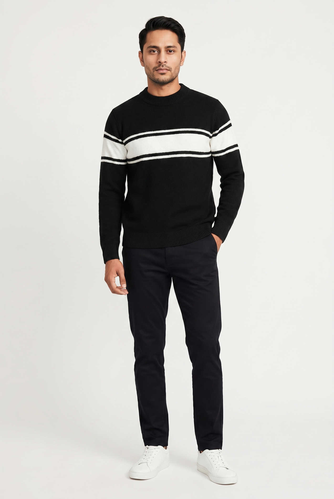Cut tailored, not tight — Men's Black Line Stripped Wool Sweater