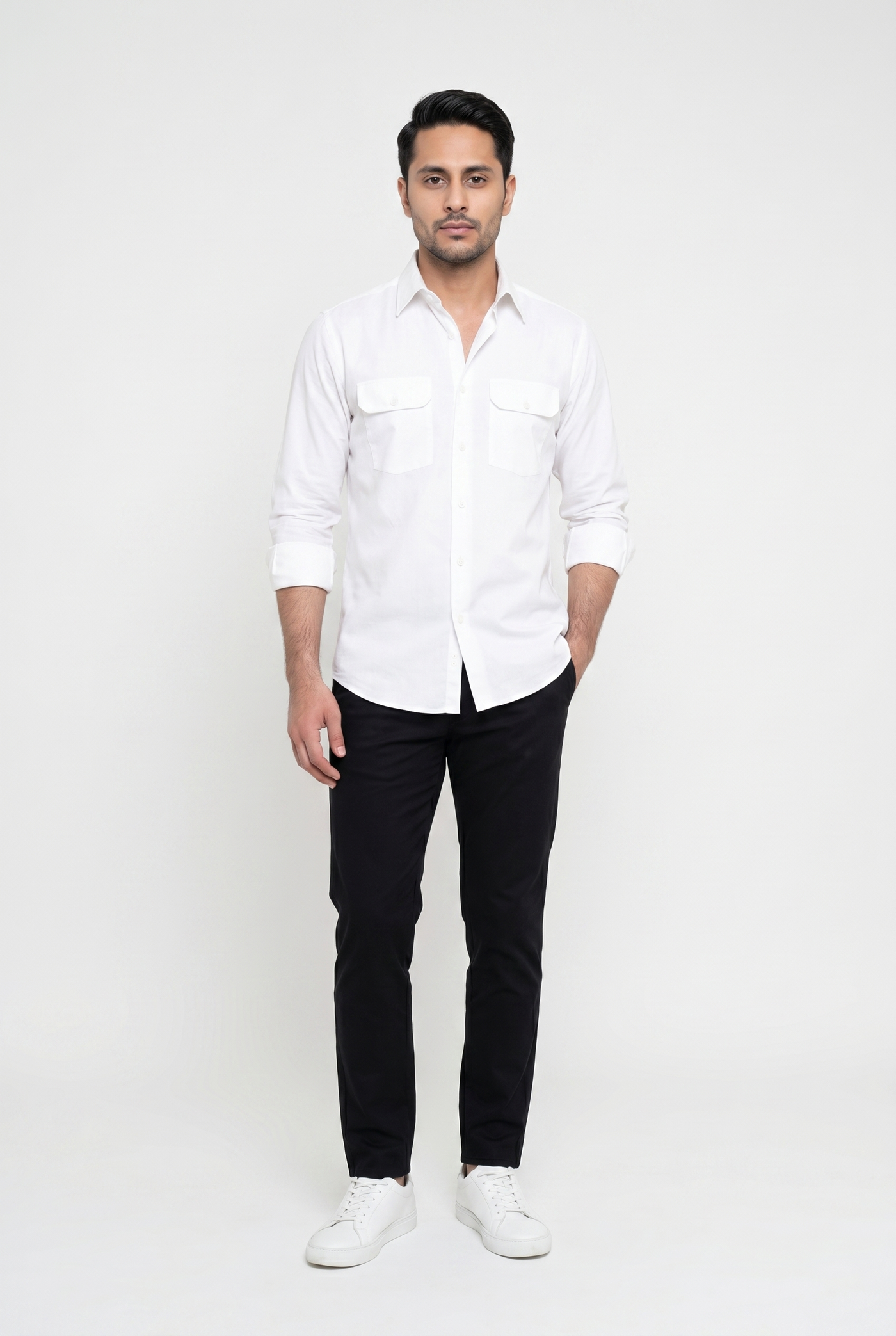 Cut tailored, not tight — Men's Royal Textured White Italian-Collar Double-Pocket Shirt