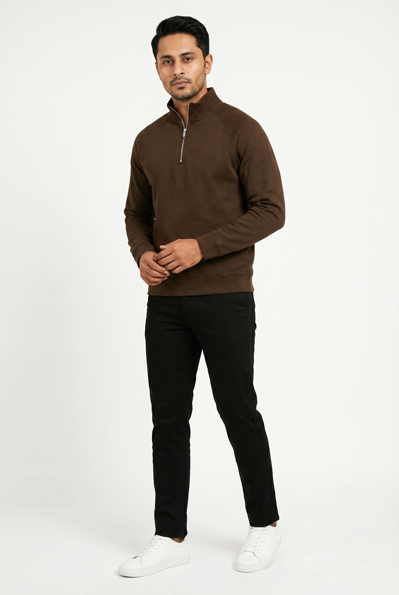 Cut tailored, not tight — Men's Brown Mock-Neck Sweatshirt