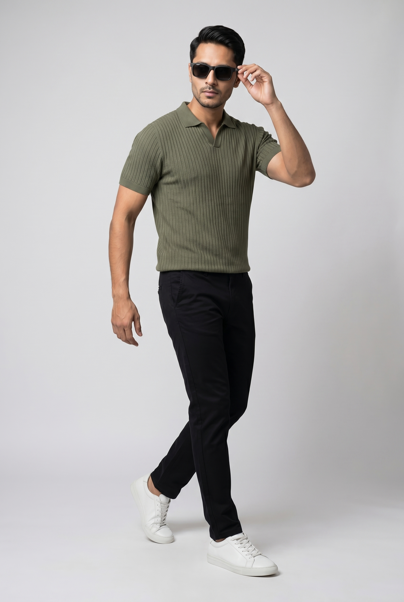 Considered fabric, premium hand-feel — Men's Olive Mist Knitted Polo
