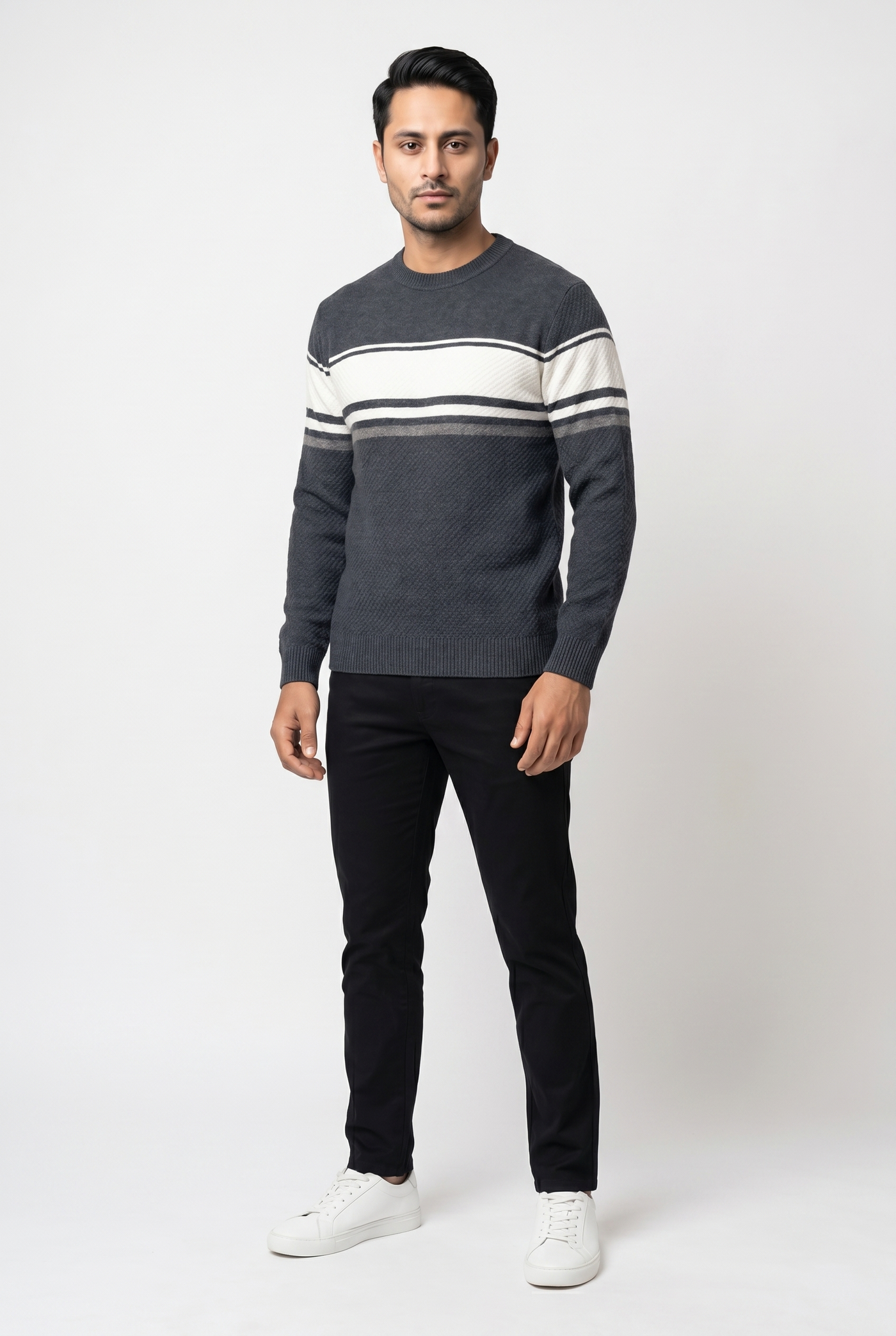 Cut tailored, not tight — Men's Dark Grey Panel Wool Sweater