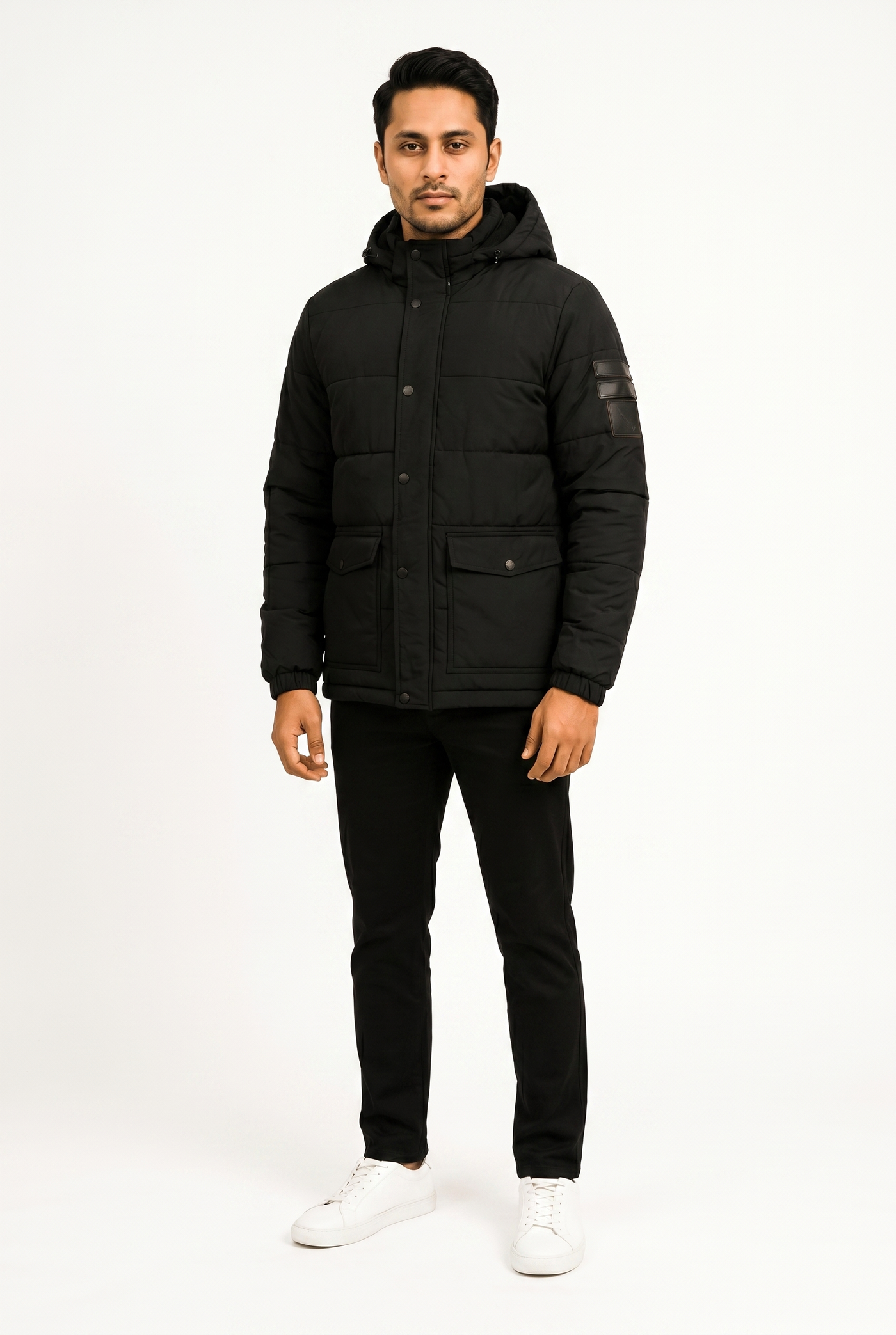 Cut tailored, not tight — Men's Black Puffer Hoodie Jacket