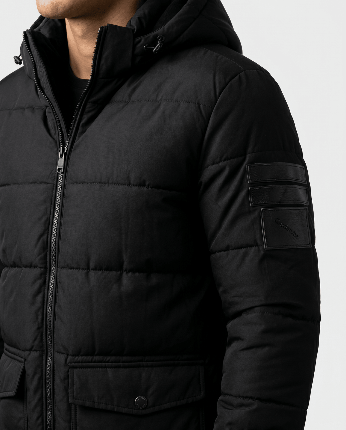 Built to hold its line — Men's Black Puffer Hoodie Jacket