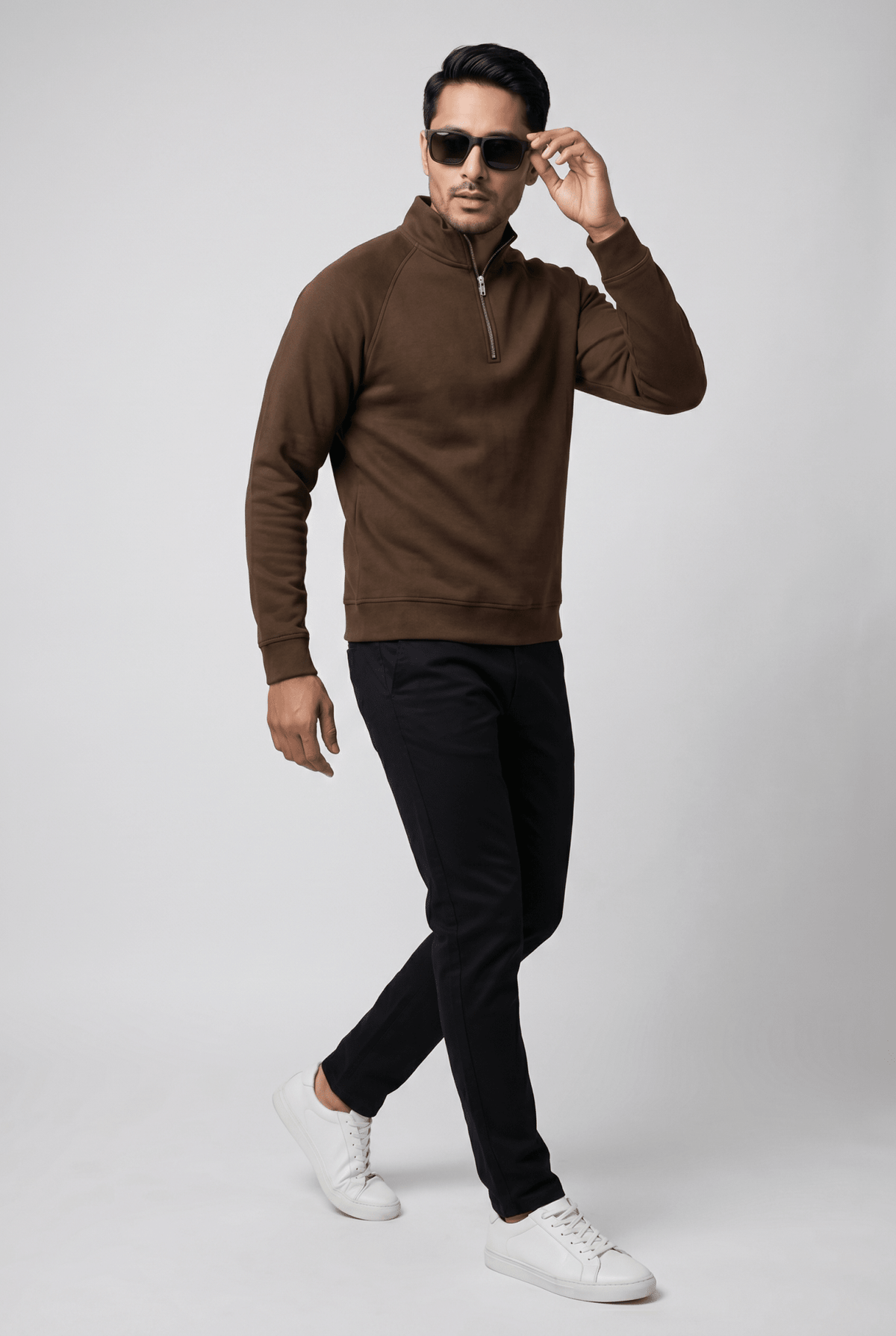 Considered fabric, premium hand-feel — Men's Brown Mock-Neck Sweatshirt