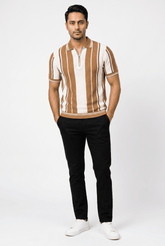 Men's Brown Panel Popcorn Polo - Garderobe Clothing USAGRB-POP-BRNP-S