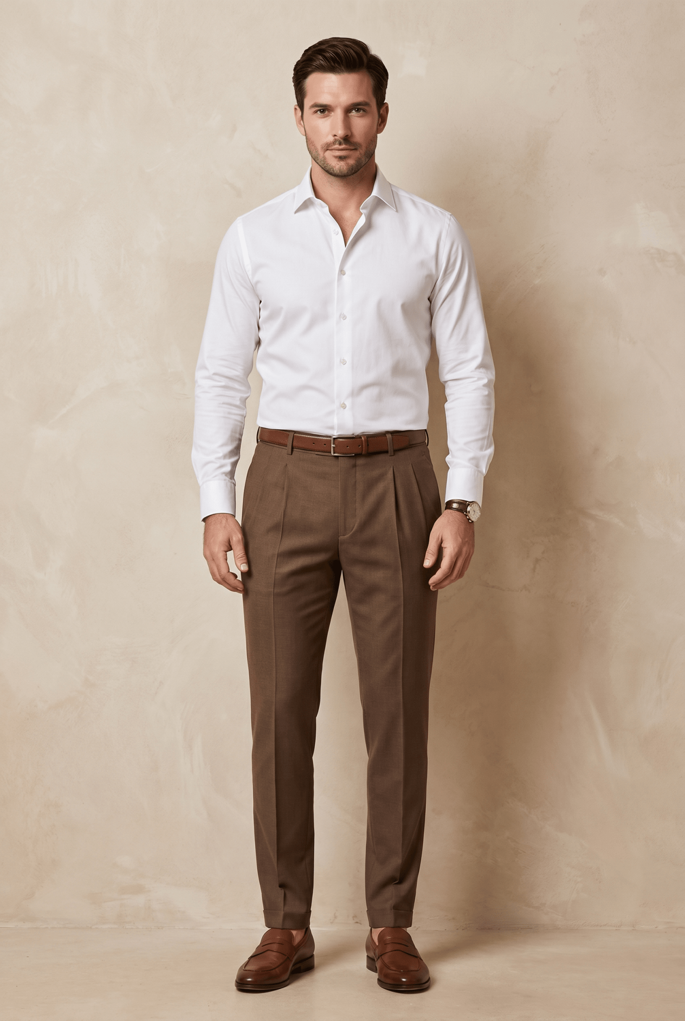 Cut tailored, not tight — Men's Brown Pleated Trousers