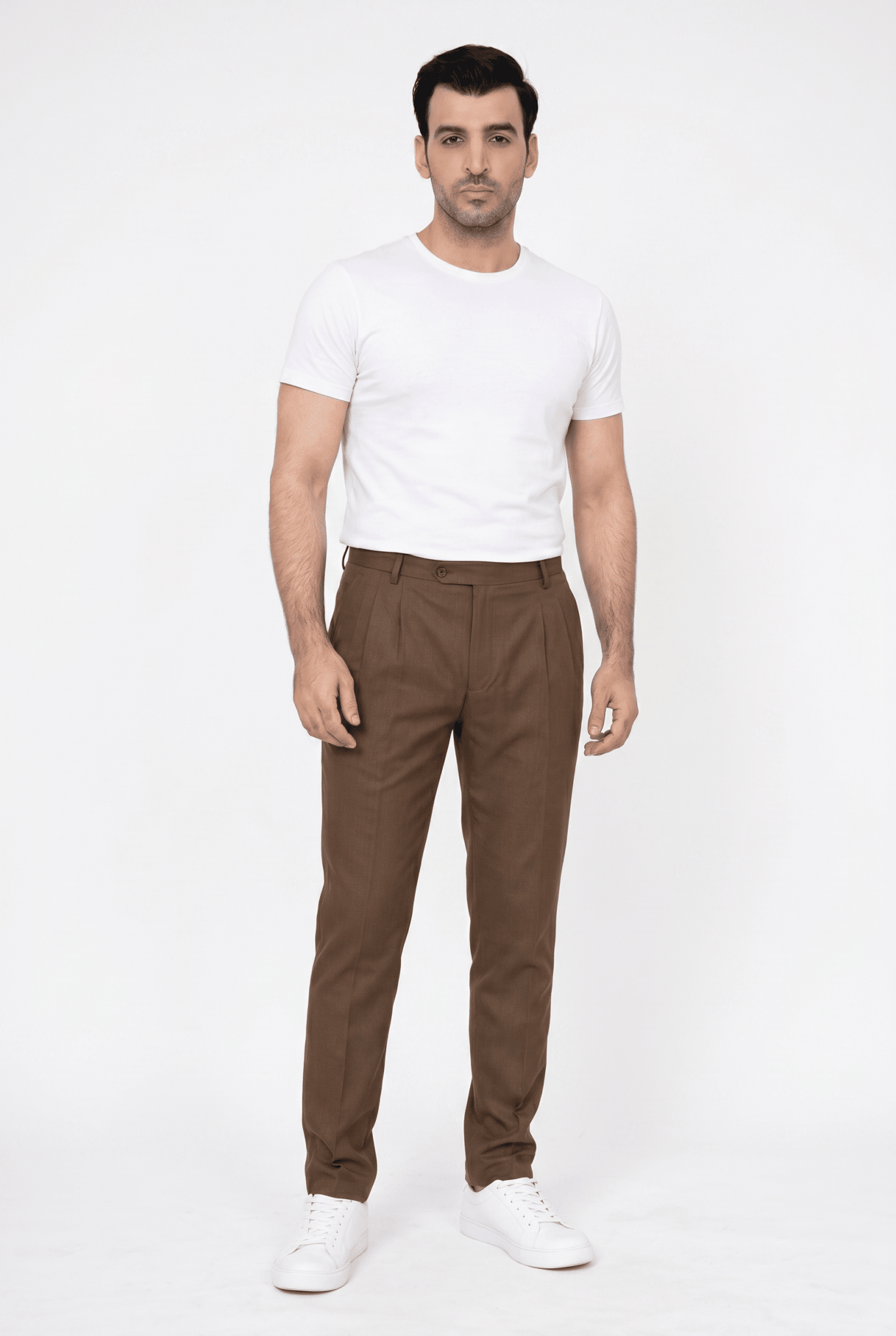 Considered fabric, premium hand-feel — Men's Brown Pleated Trousers