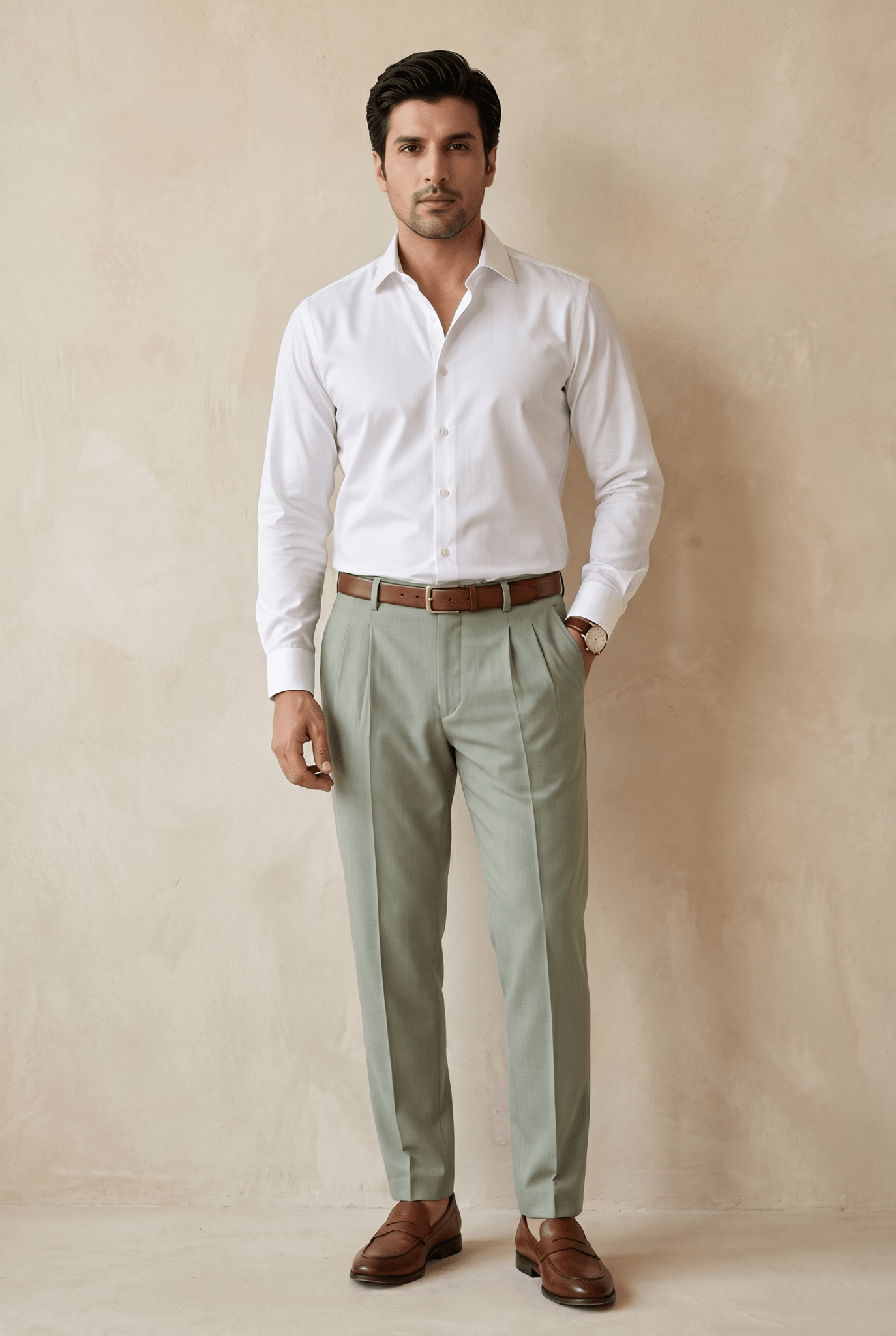 Cut tailored, not tight — Men's Green Light Pleated Trousers