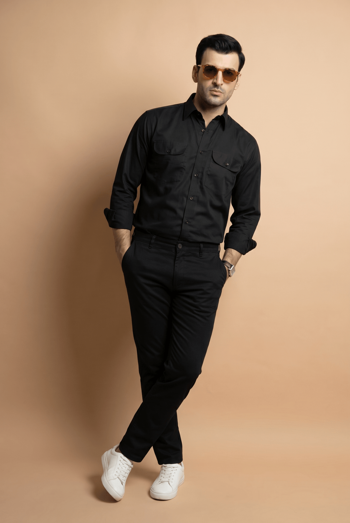 Cut tailored, not tight — Men's Imperial Black Italian-Collar Double-Pocket Shirt