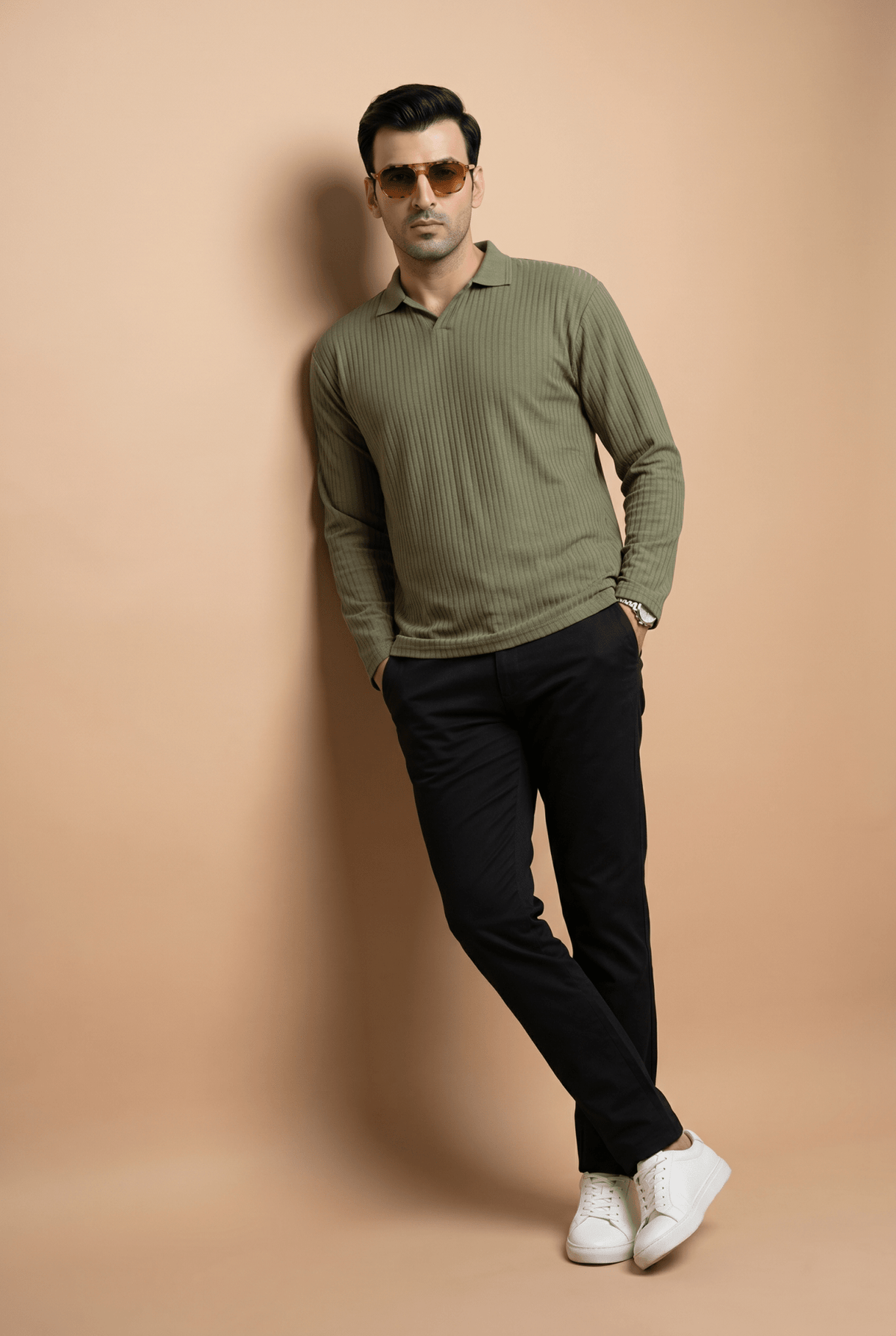 Cut tailored, not tight — Men's Matcha Full-Sleeve Knitted Polo