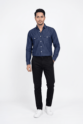 Men's Navy Blue Denim Shirt - Garderobe Clothing USAGRB-DNM-NBL-S