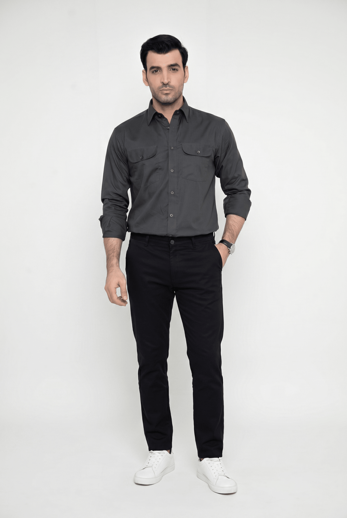 Built to hold its line — Men's Regal Textured Charcoal Italian-Collar Double-Pocket Shirt