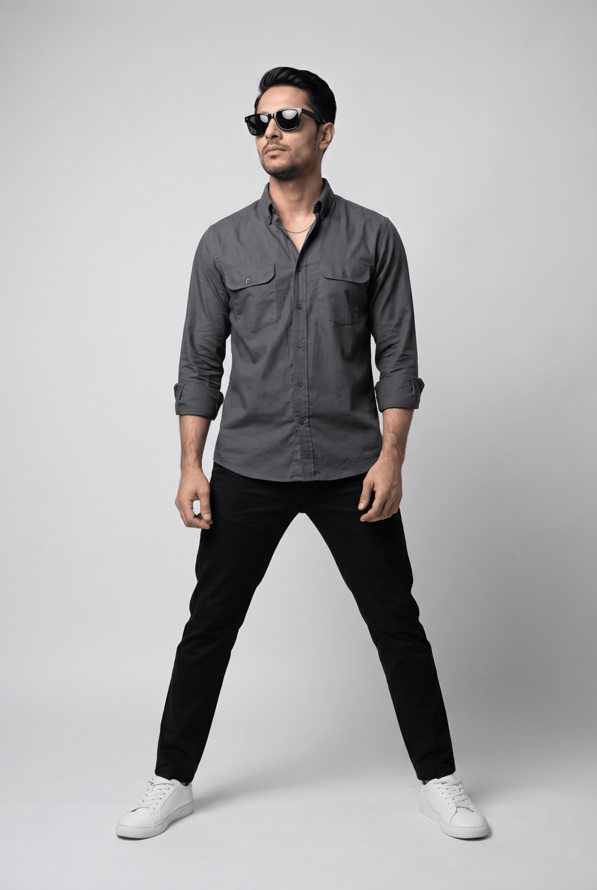 From the office to the evening — Men's Regal Textured Charcoal Italian-Collar Double-Pocket Shirt