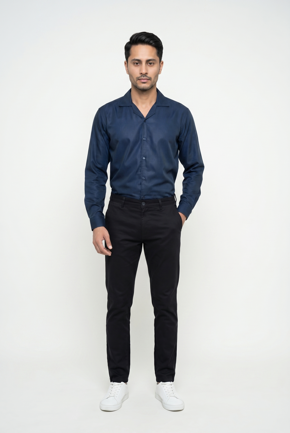 Men's Dark Blue Cuban-Collar Shirt
