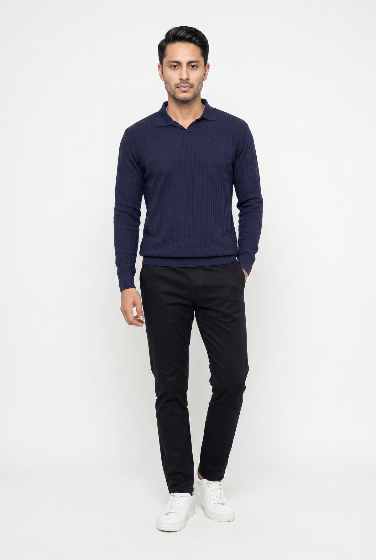 Men's Navy Full-Sleeve Knitted Polo