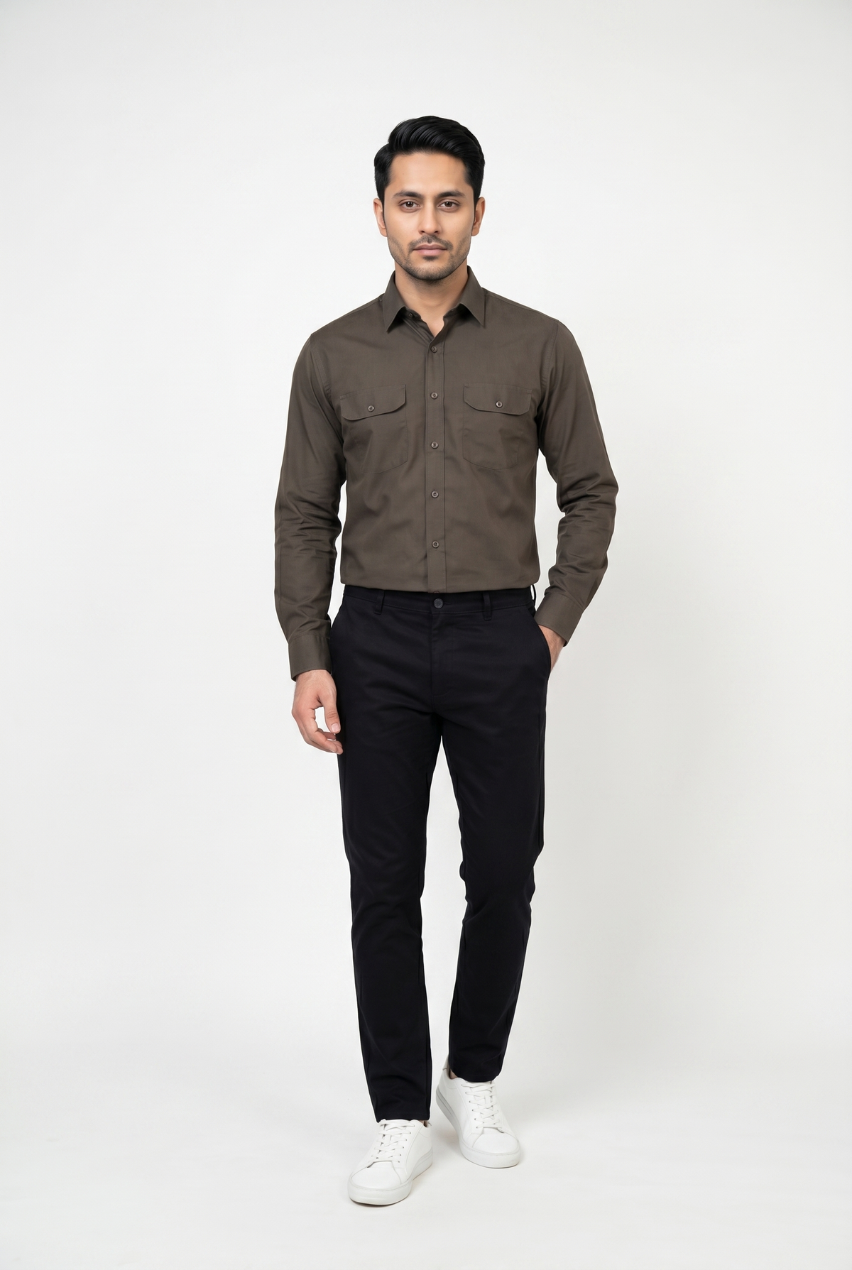 Men's Vintage Moss Italian-Collar Double-Pocket Shirt