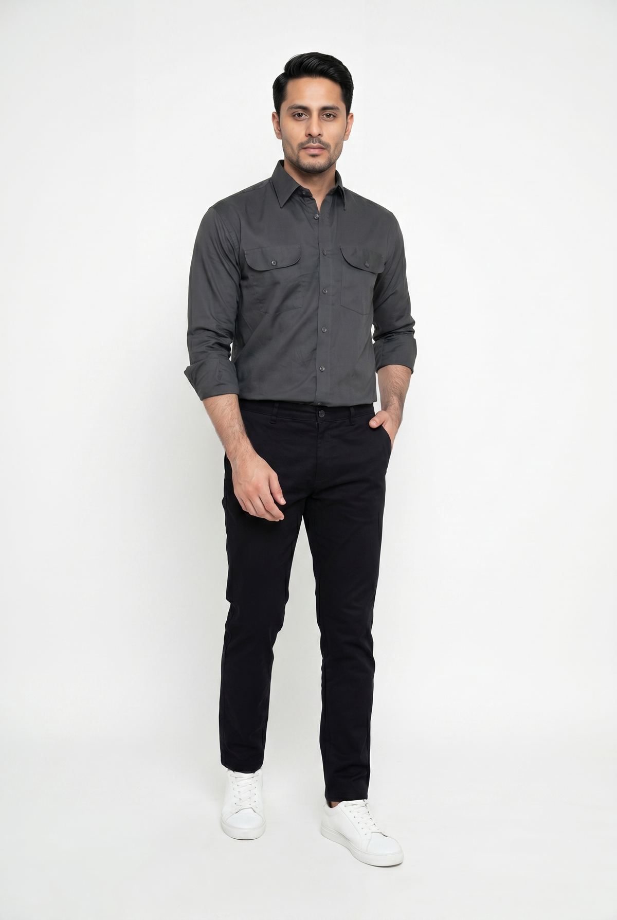 Men's Regal Textured Charcoal Italian-Collar Double-Pocket Shirt