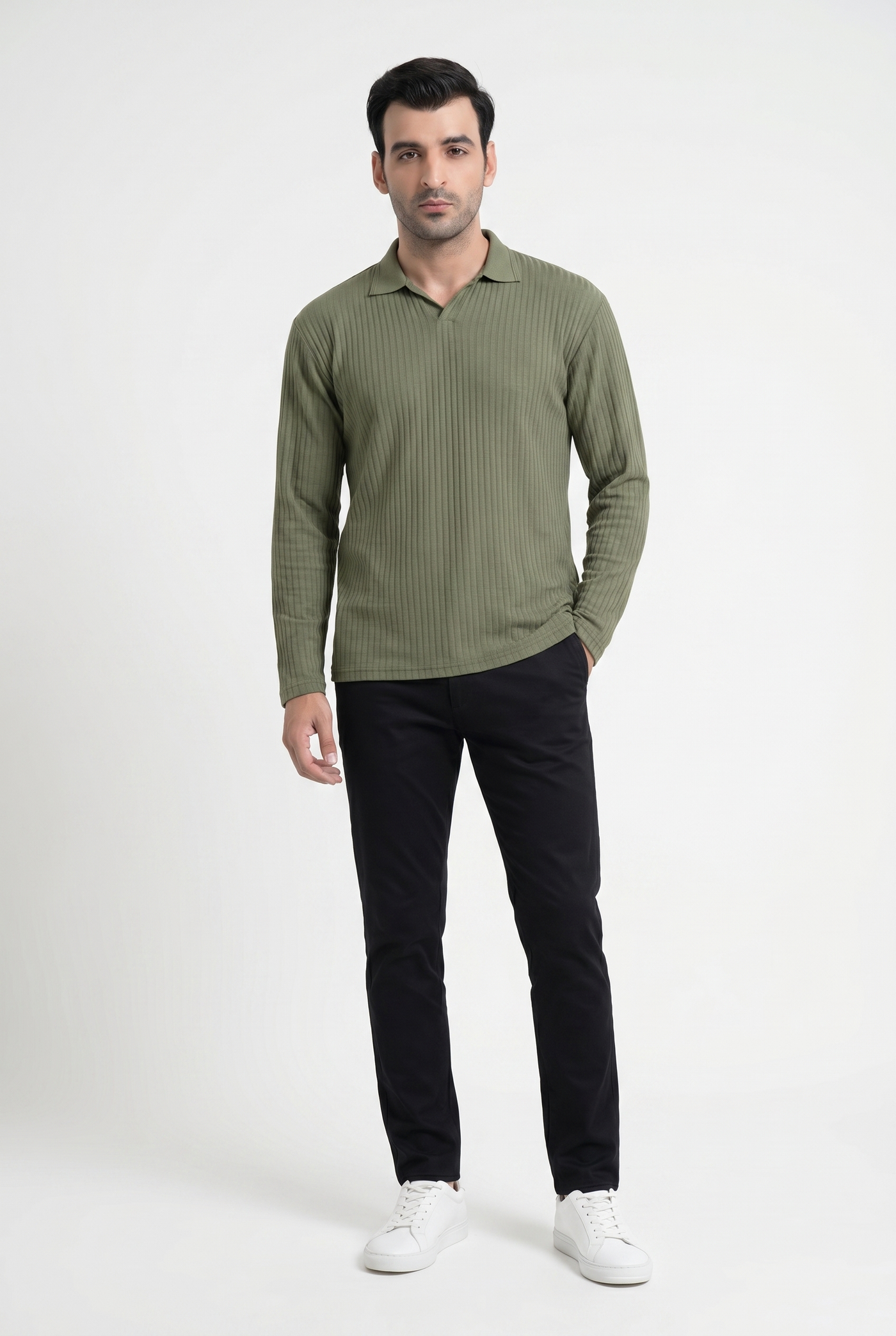 Built to hold its line — Men's Matcha Full-Sleeve Knitted Polo