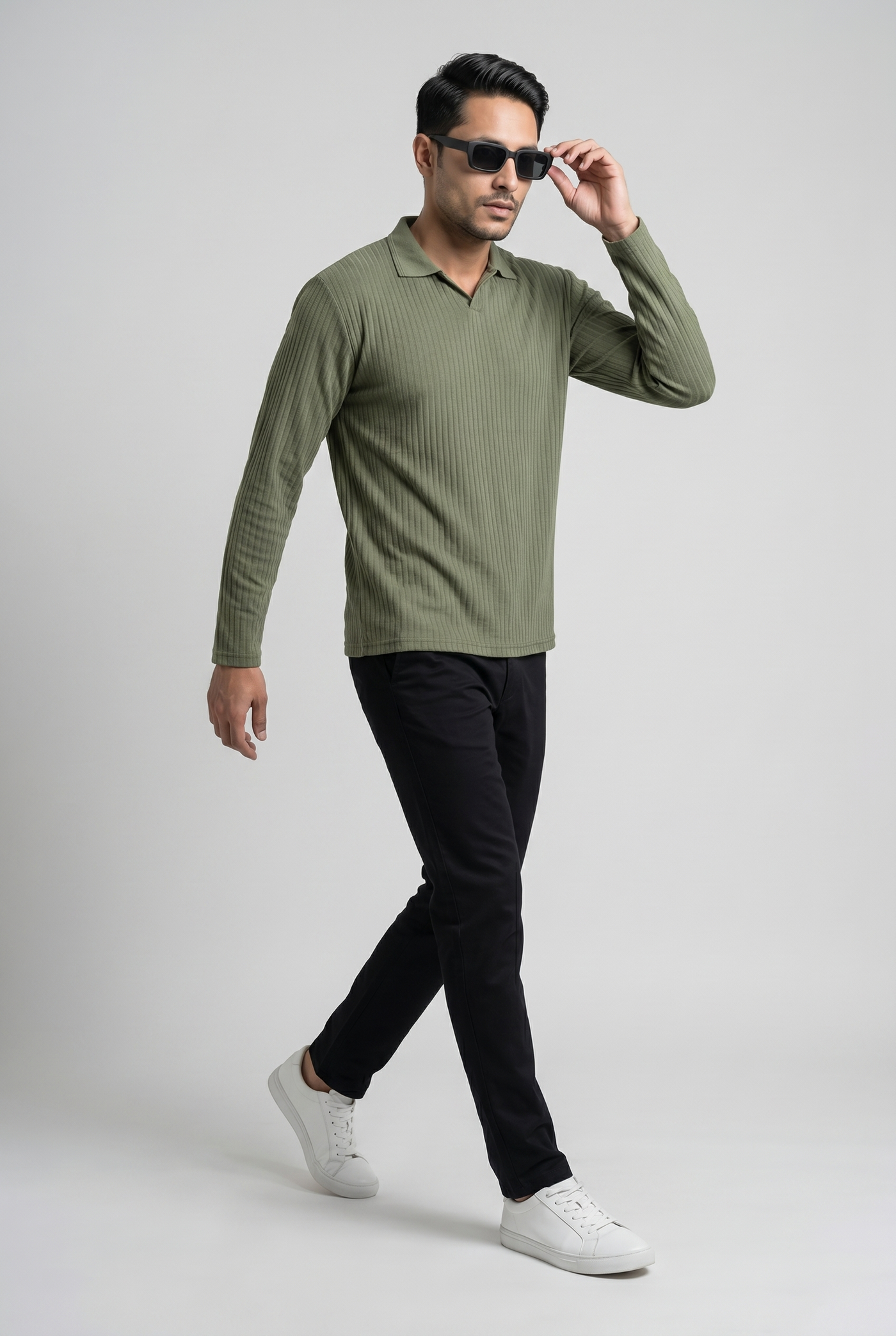 Considered fabric, premium hand-feel — Men's Matcha Full-Sleeve Knitted Polo