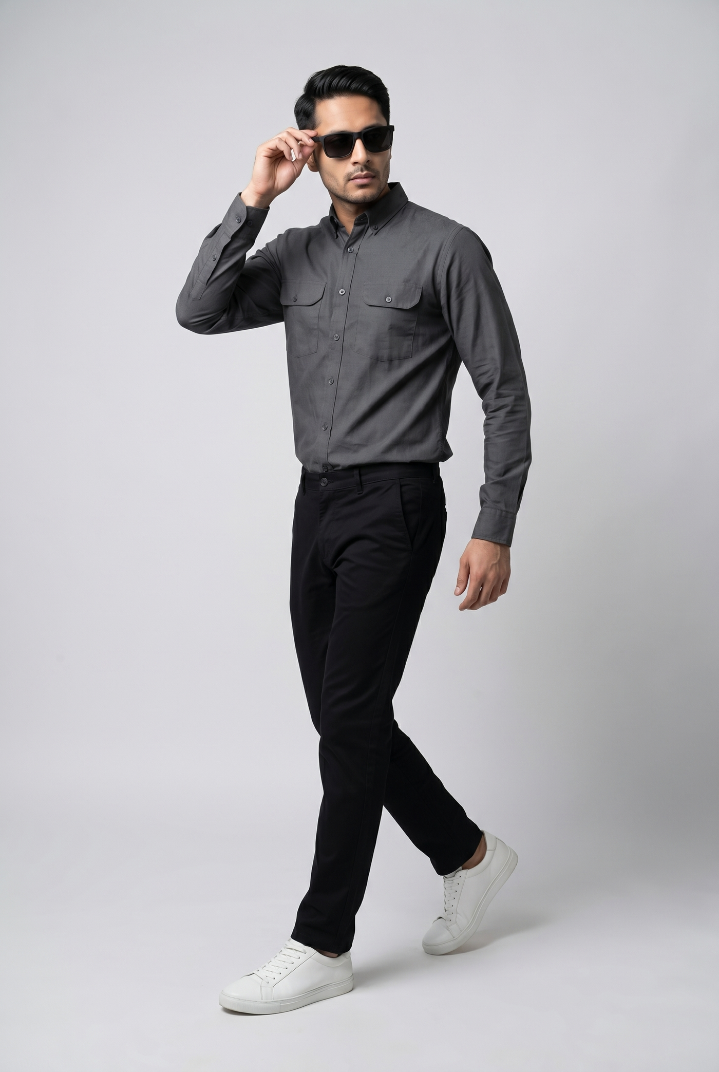 Considered fabric, premium hand-feel — Men's Regal Textured Charcoal Italian-Collar Double-Pocket Shirt
