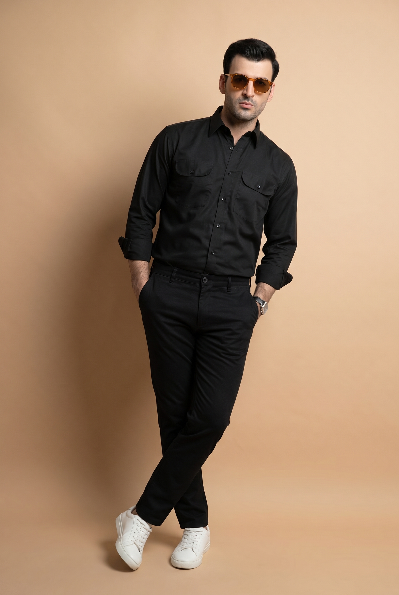 Cut tailored, not tight — Men's Imperial Black Italian-Collar Double-Pocket Shirt