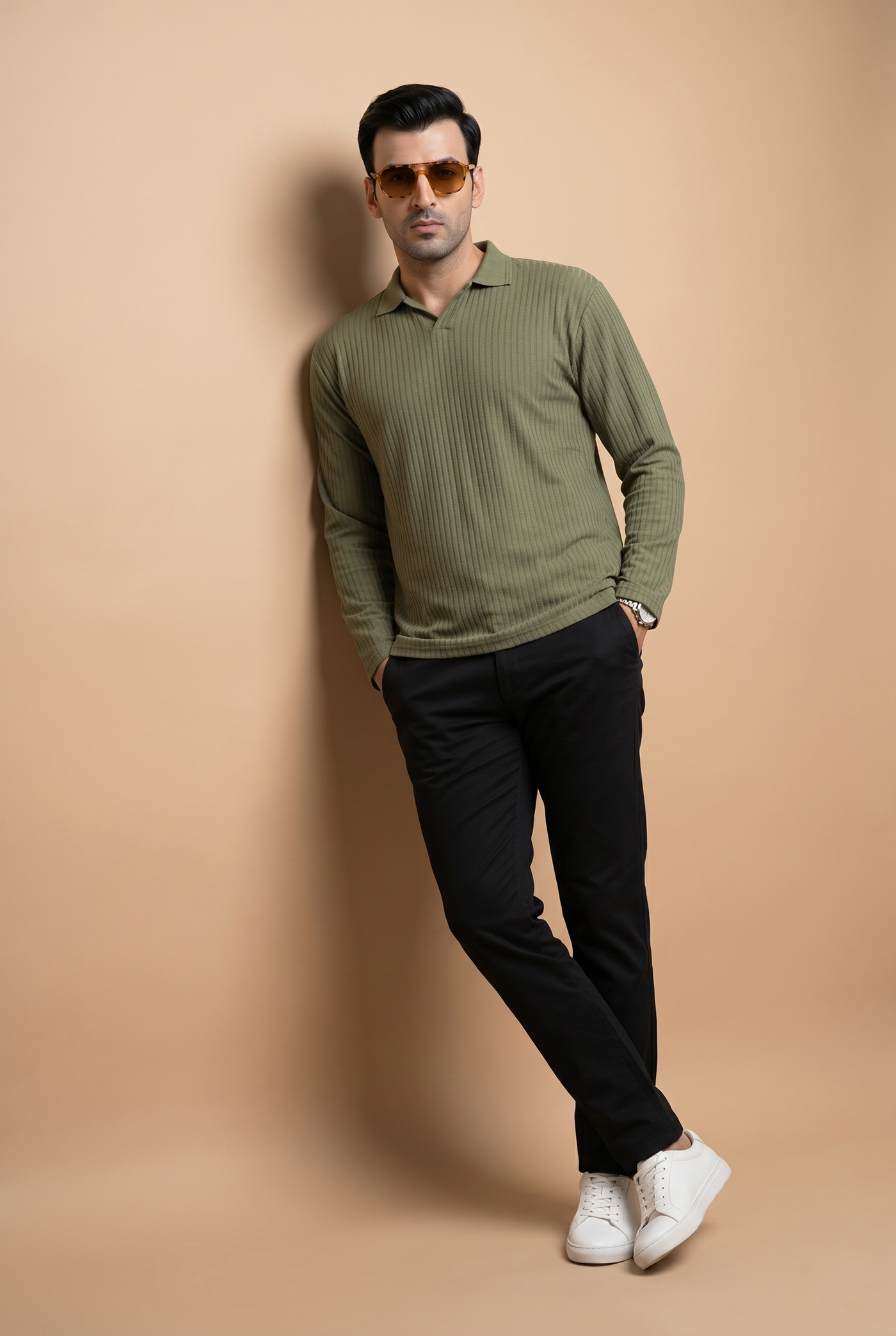 Cut tailored, not tight — Men's Matcha Full-Sleeve Knitted Polo