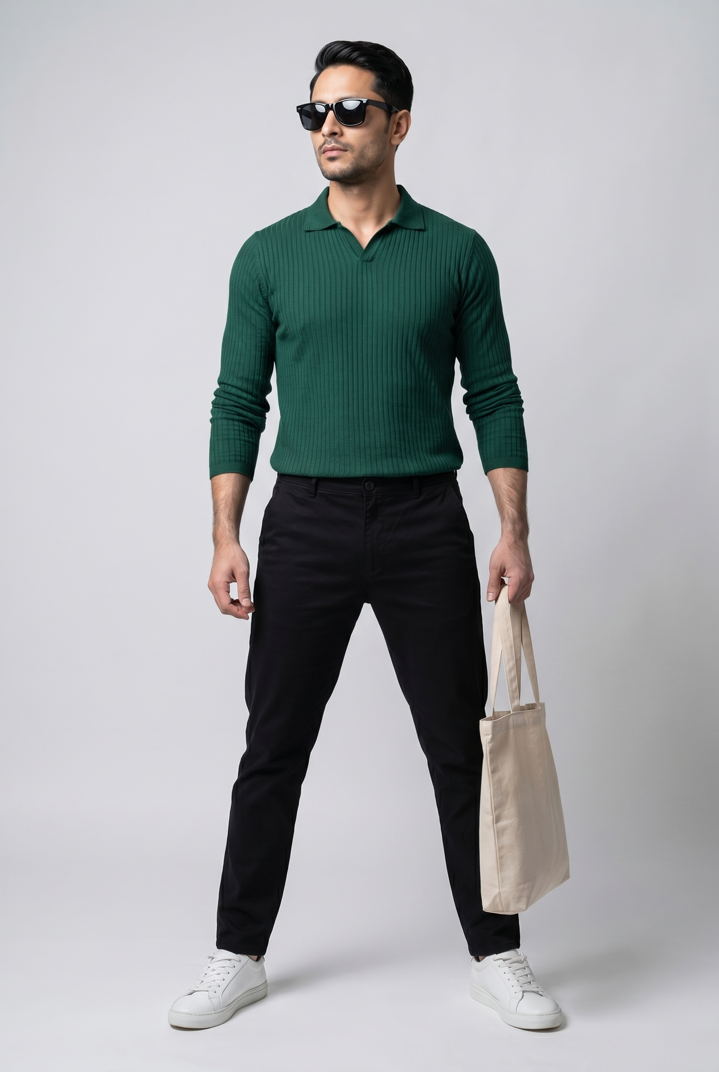 From the office to the evening — Men's Green Full-Sleeve Knitted Polo