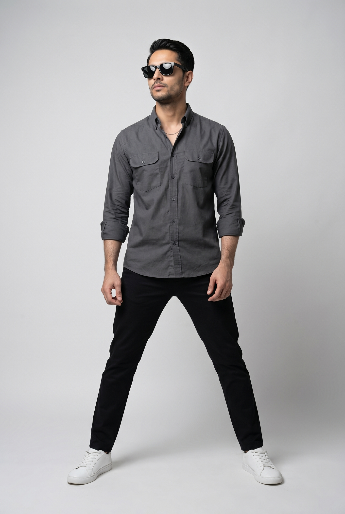 From the office to the evening — Men's Regal Textured Charcoal Italian-Collar Double-Pocket Shirt