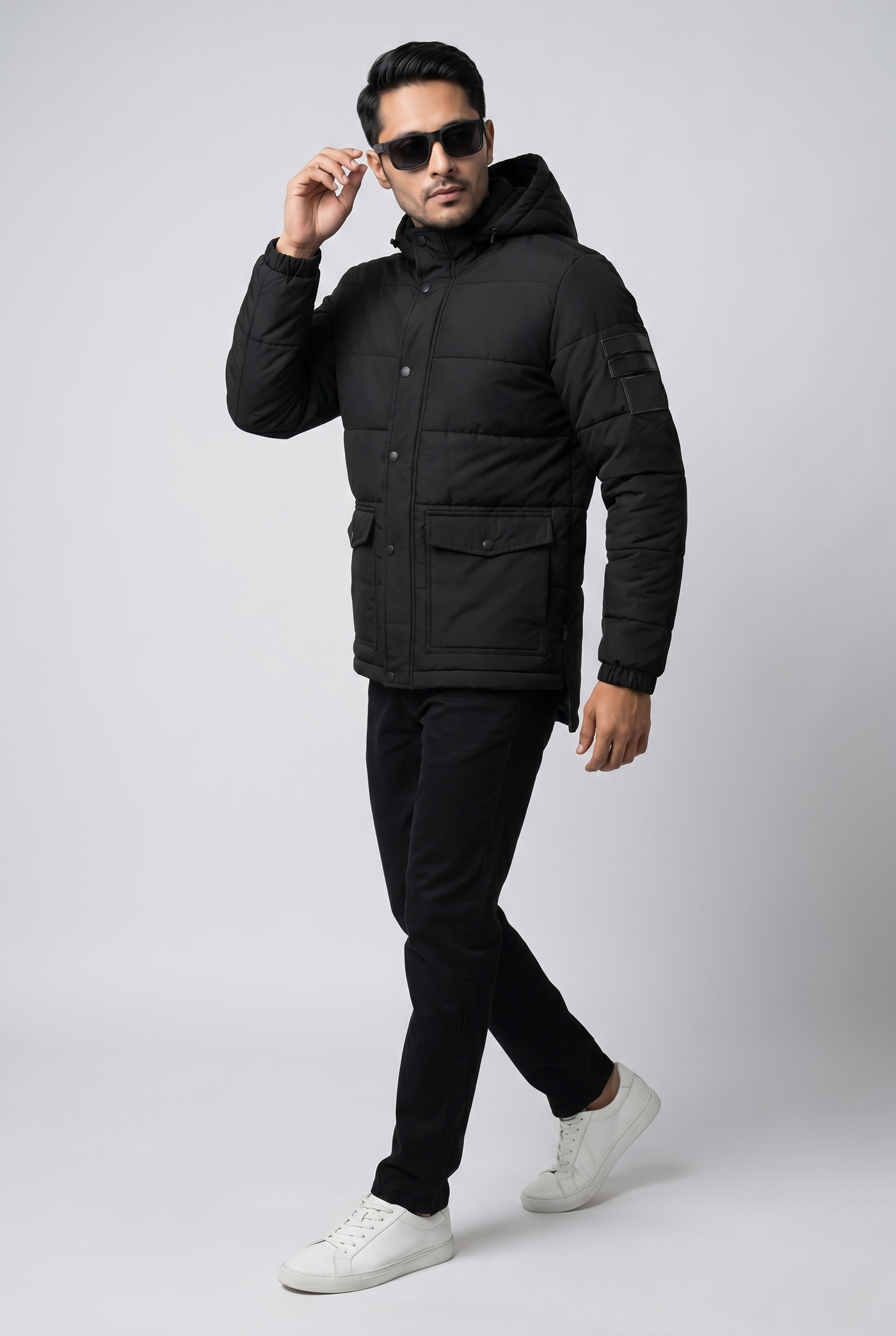 Considered fabric, premium hand-feel — Men's Black Puffer Hoodie Jacket