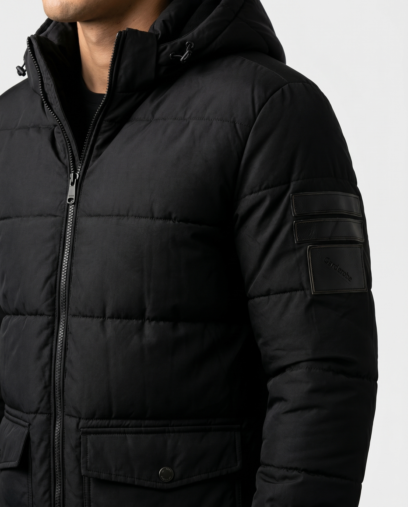 Built to hold its line — Men's Black Puffer Hoodie Jacket