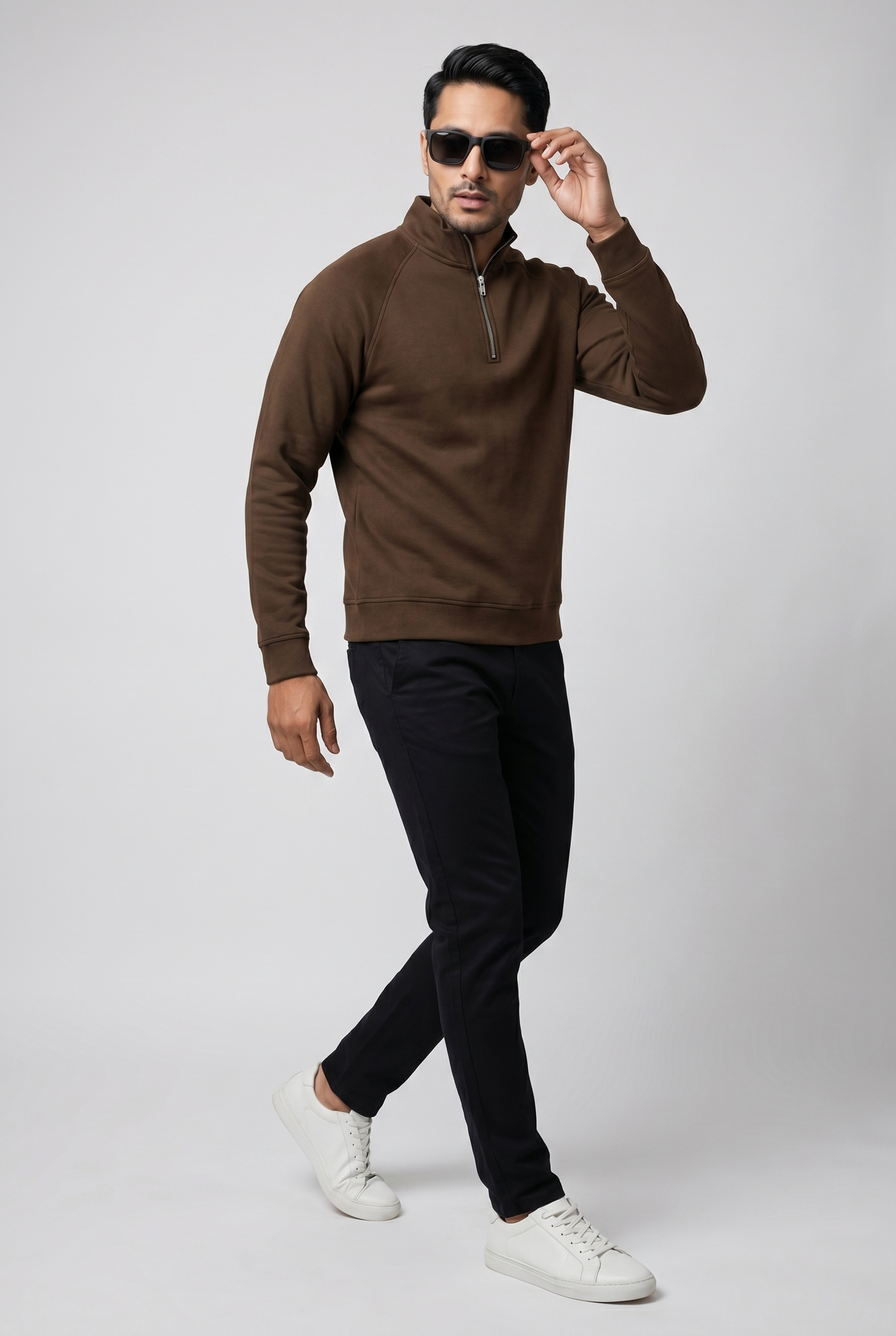 Considered fabric, premium hand-feel — Men's Brown Mock-Neck Sweatshirt