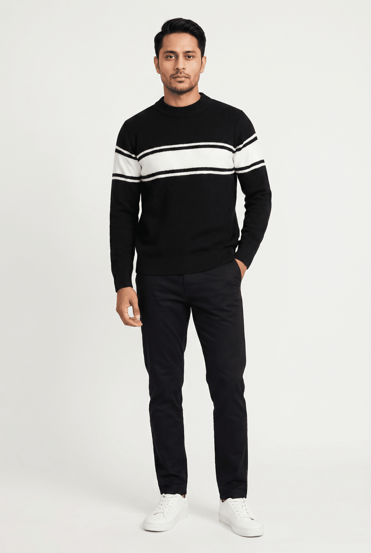 Cut tailored, not tight — Men's Black Line Stripped Wool Sweater