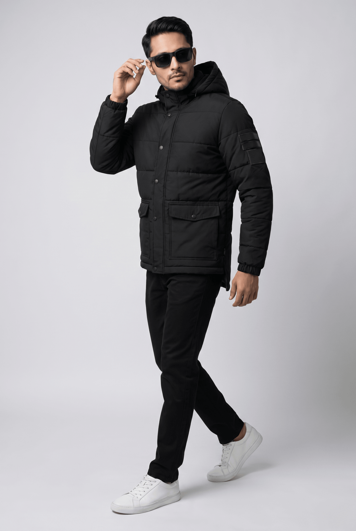 Considered fabric, premium hand-feel — Men's Black Puffer Hoodie Jacket