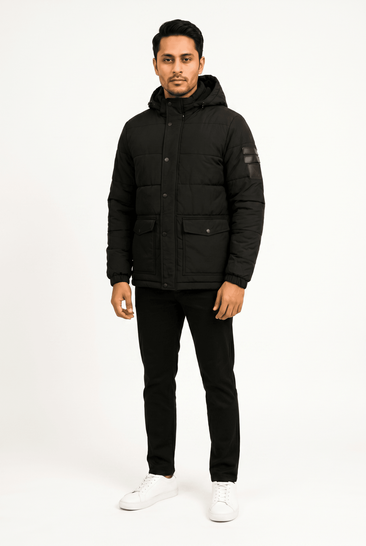 Cut tailored, not tight — Men's Black Puffer Hoodie Jacket