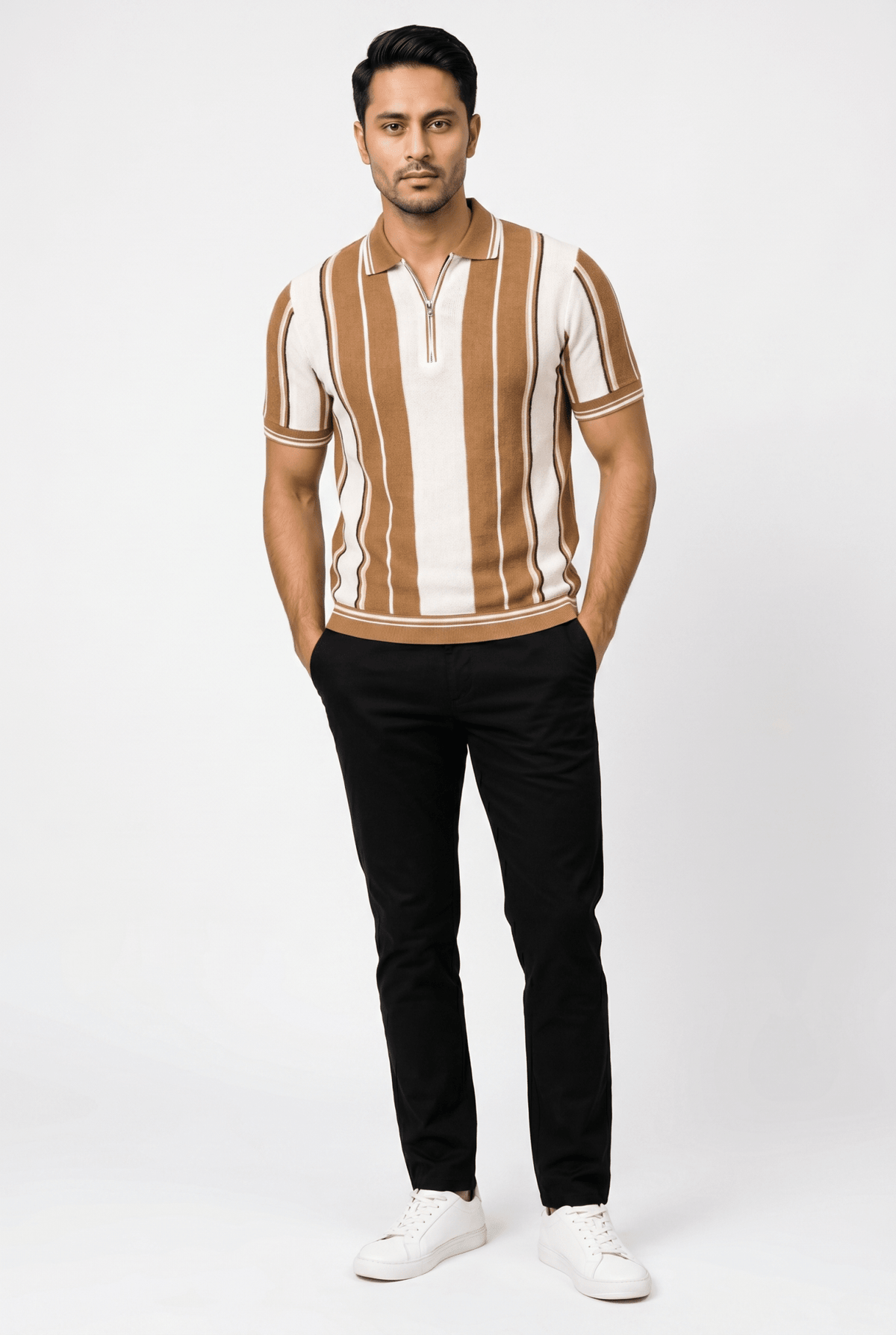 Cut tailored, not tight — Men's Brown Panel Popcorn Polo
