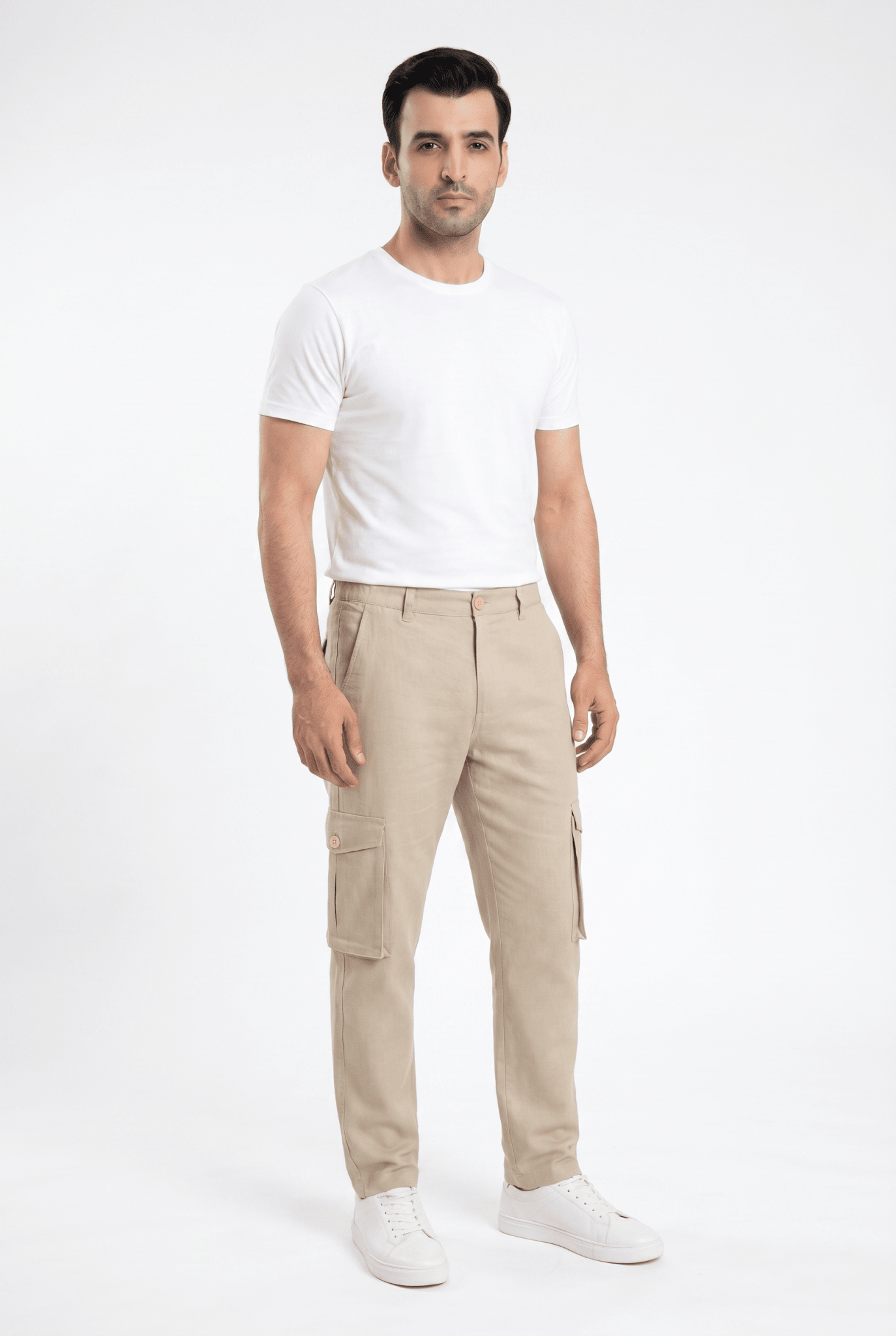 Considered fabric, premium hand-feel — Men's Creamy Cargo Trousers