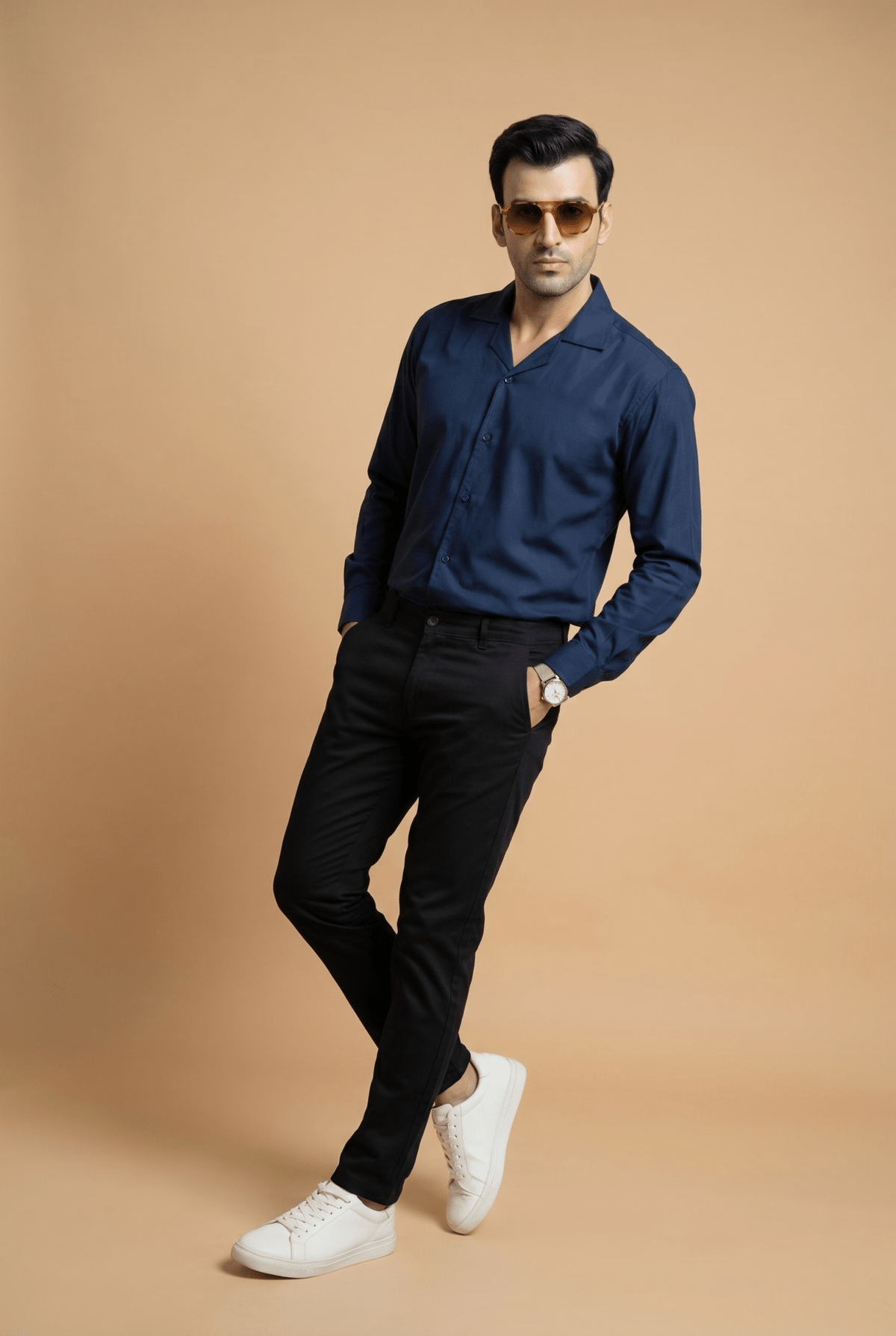Cut tailored, not tight — Men's Dark Blue Cuban-Collar Shirt