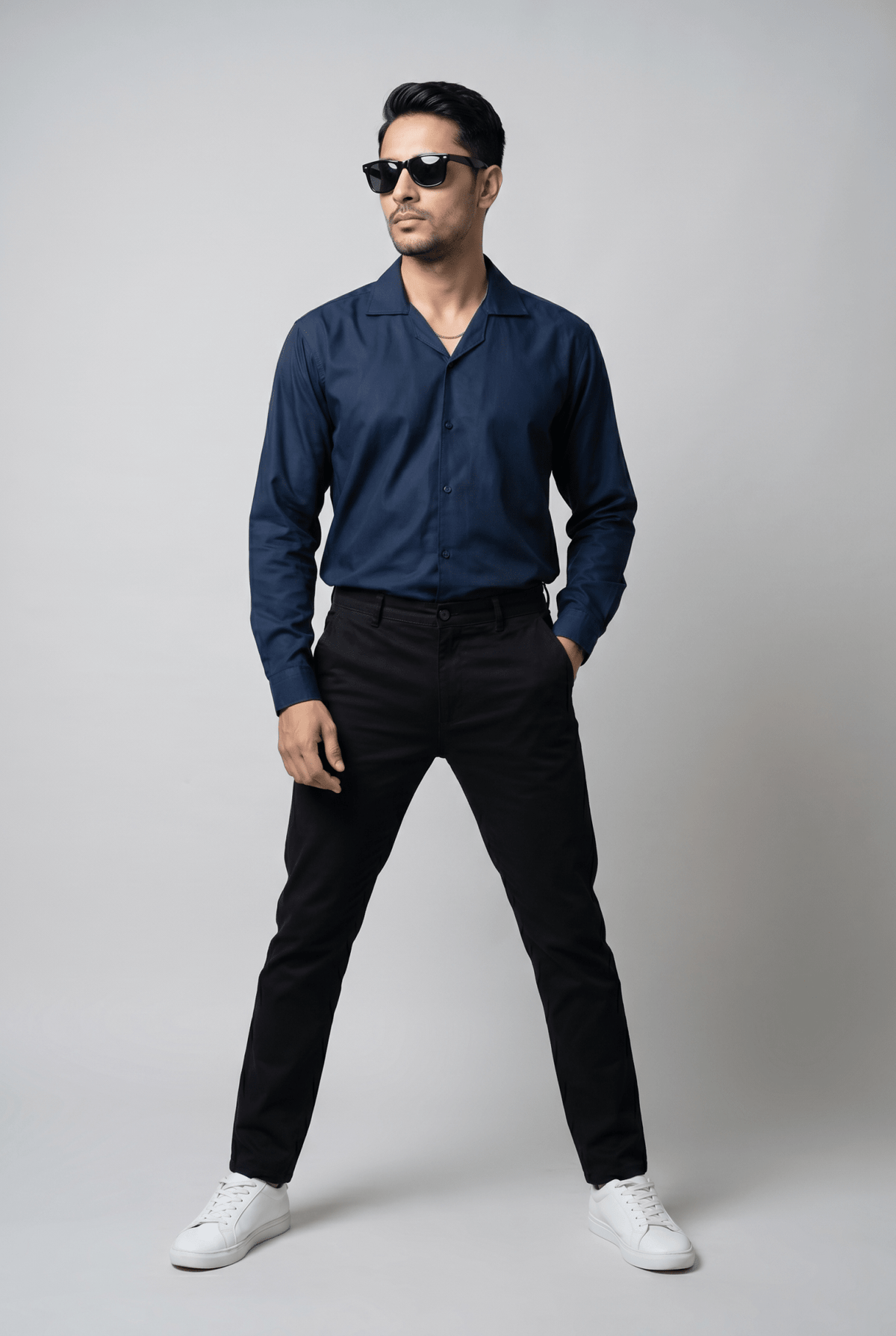 From the office to the evening — Men's Dark Blue Cuban-Collar Shirt