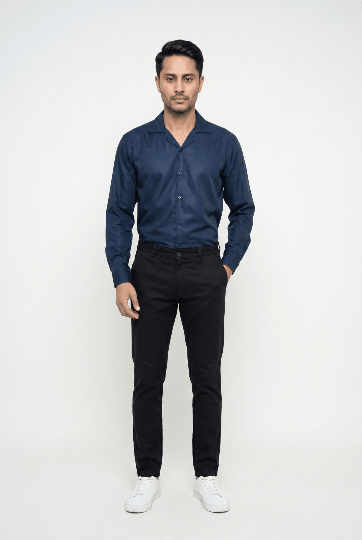 Men's Dark Blue Cuban-Collar Shirt - Garderobe Clothing USAGRB-CUB-DBL-S