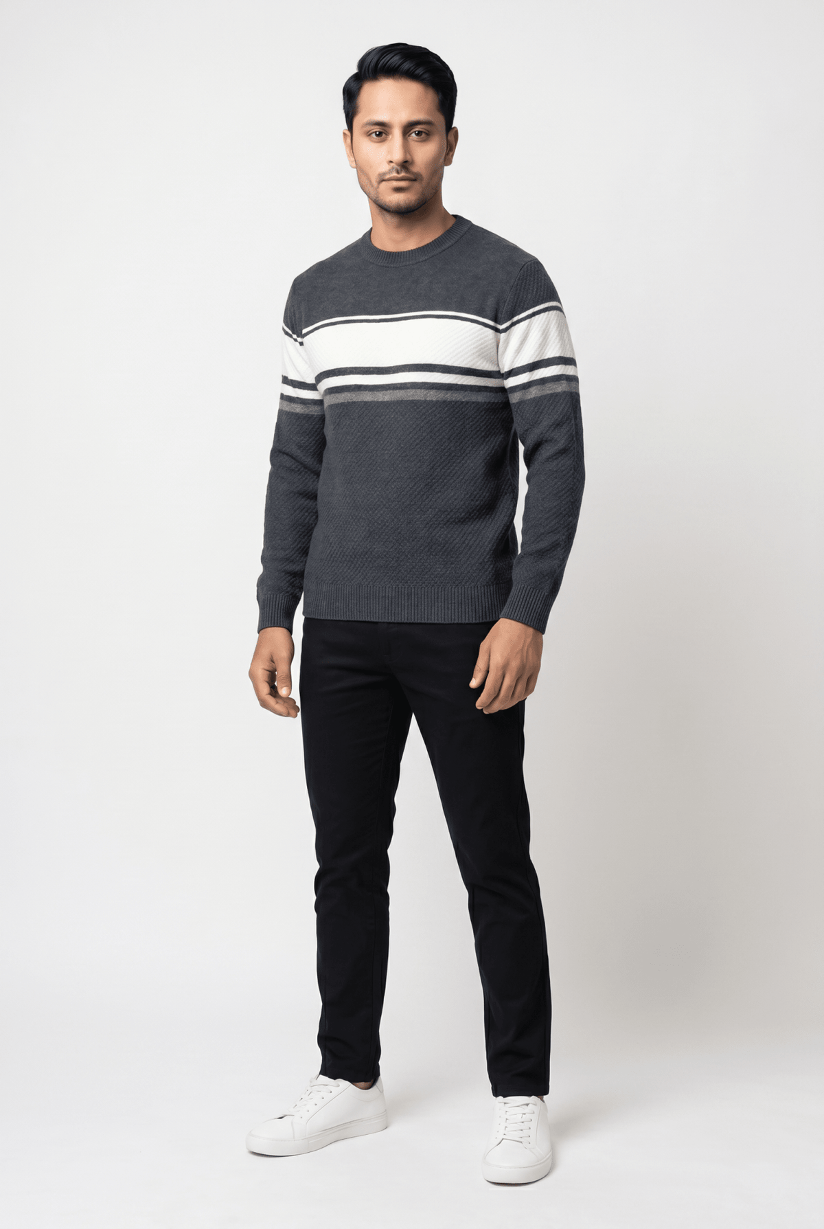 Men's Dark Grey Panel Wool Sweater - Garderobe Clothing USAGRB-SWT-DGR-S