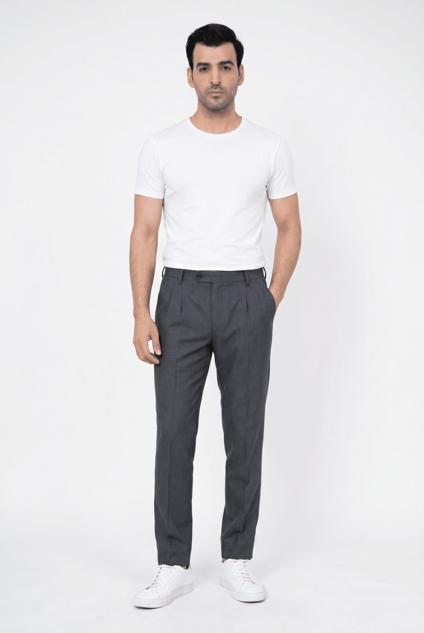Considered fabric, premium hand-feel — Men's Grey Pleated Trousers