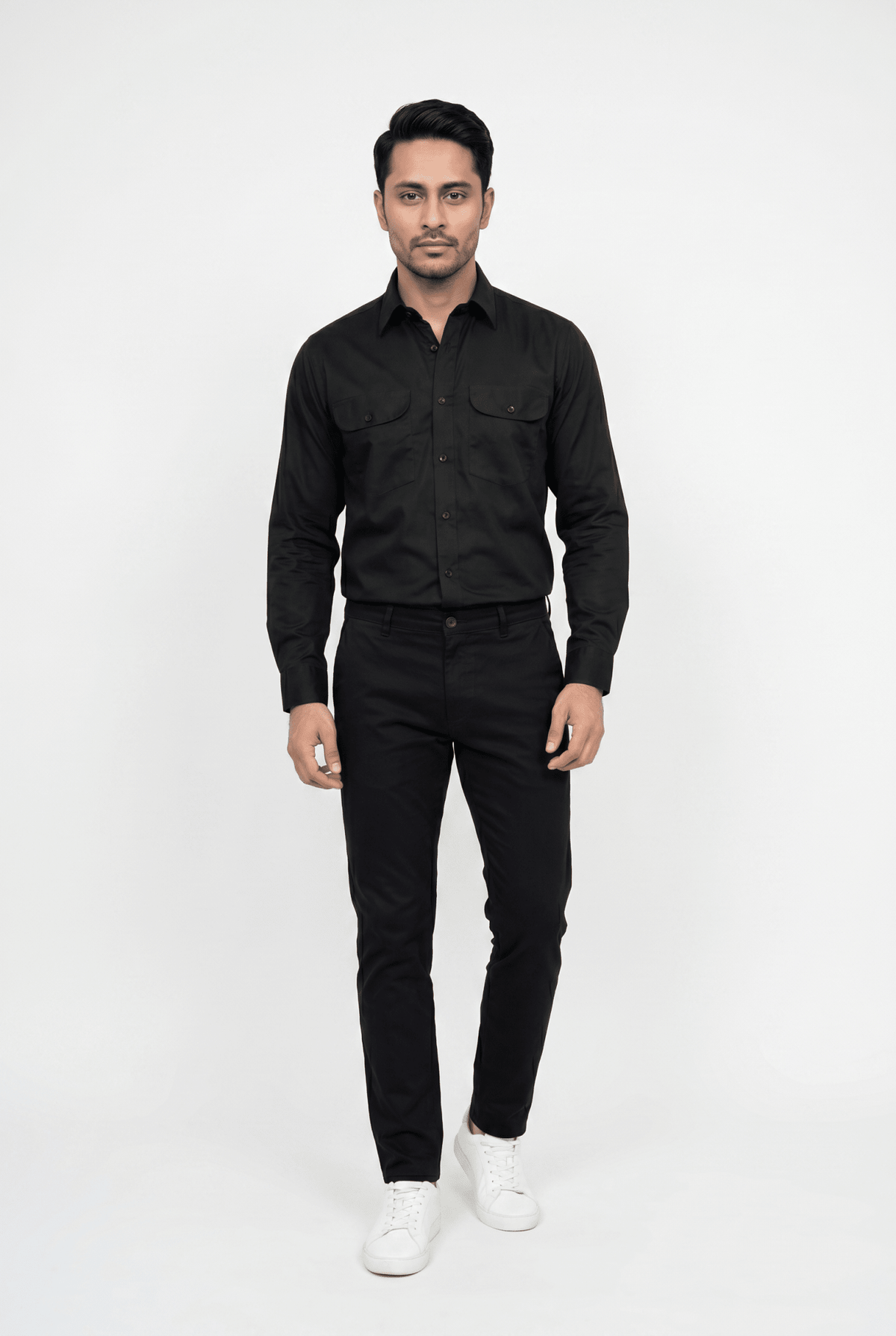 Men's Imperial Black Italian-Collar Double-Pocket Shirt - Garderobe Clothing USAGRB-ITC-IBL-S